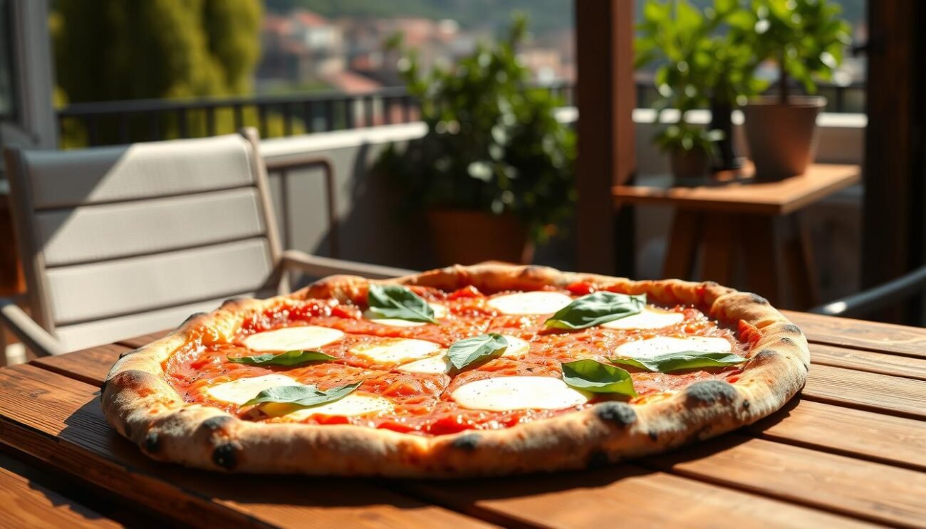 A classic Neapolitan-style pizza margherita, resting on a wooden patio table. The thin, charred crust is topped with bright red tomato sauce, creamy mozzarella cheese, and fresh basil leaves. Sunlight filters through a window, casting a warm, golden glow over the scene. The pizza's aroma fills the air, inviting the viewer to take a bite and savor the authentic flavors of traditional Italian cuisine. The background features a picturesque Mediterranean setting, hinting at the rich cultural heritage behind this iconic dish.