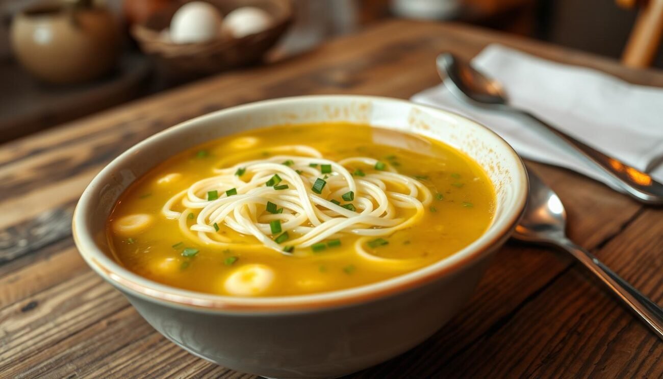 A classic Stracciatella Romana, with delicate egg threads floating in a rich, savory broth. The foreground features the steaming bowl, filled with the vibrant green of chives, the soft yellow of the egg, and the clear, translucent broth. The middle ground showcases a rustic wooden table, with a simple white napkin and a spoon, ready to be dipped into the comforting soup. The background evokes a cozy, homey atmosphere, with warm lighting and hints of a traditional Italian kitchen. Captured with a soft, natural focus, this image embodies the essence of this beloved Roman dish - a simple, yet elegant and nourishing delight.