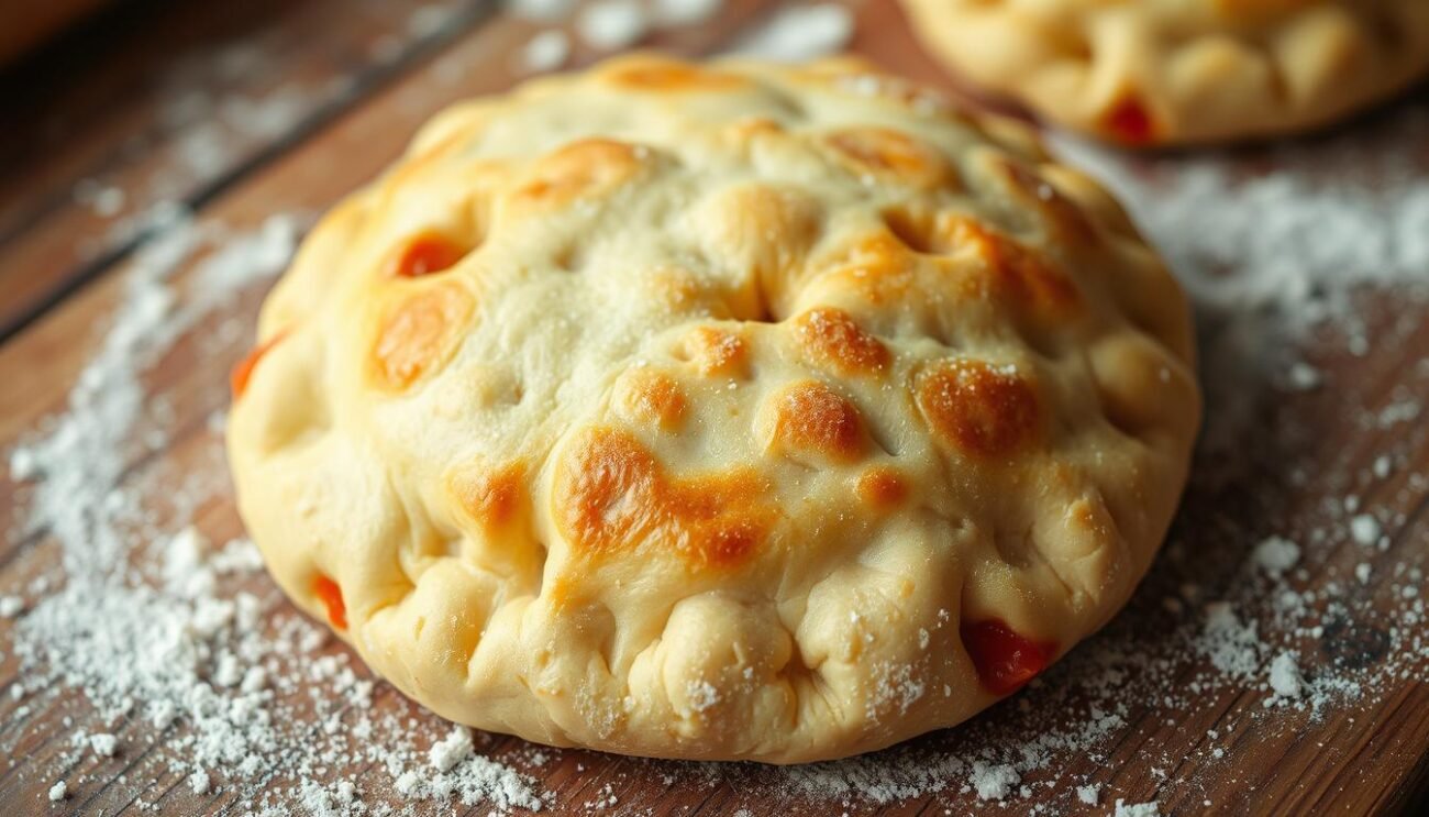A close-up, high-resolution image of freshly made impasto dough for panzerotti, a traditional Italian fried half-moon-shaped calzone. The dough has a golden-brown, slightly textured surface with visible air pockets, reflecting its handcrafted, homemade quality. The dough is situated on a rustic wooden surface, with a dusting of flour and hints of tomato sauce and mozzarella peeking through. The lighting is soft and warm, creating a cozy, inviting atmosphere. The camera angle is slightly elevated, giving a sense of depth and emphasizing the intricate details of the impasto. The overall mood is one of authentic Italian culinary craftsmanship and anticipation of the delicious, gooey-filled panzerotti to come.