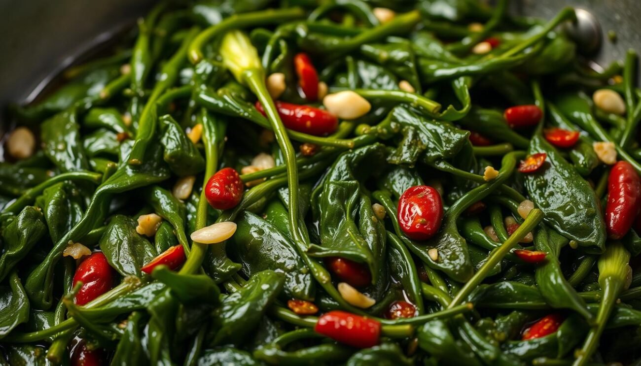 A close-up of a pan filled with sautéed cicoria (wild chicory greens), glistening with olive oil and flecked with garlic and red chili peppers. The tender, dark green leaves are perfectly wilted, their bitterness tempered by the fragrant aromatics. Soft, ambient lighting illuminates the dish, casting a warm, homey glow. The composition emphasizes the natural texture and color of the cicoria, evoking the rustic, traditional preparation of this quintessential Italian side dish. The image transports the viewer to a cozy kitchen in the Lazio region, where this simple yet flavorful preparation has been enjoyed for generations.