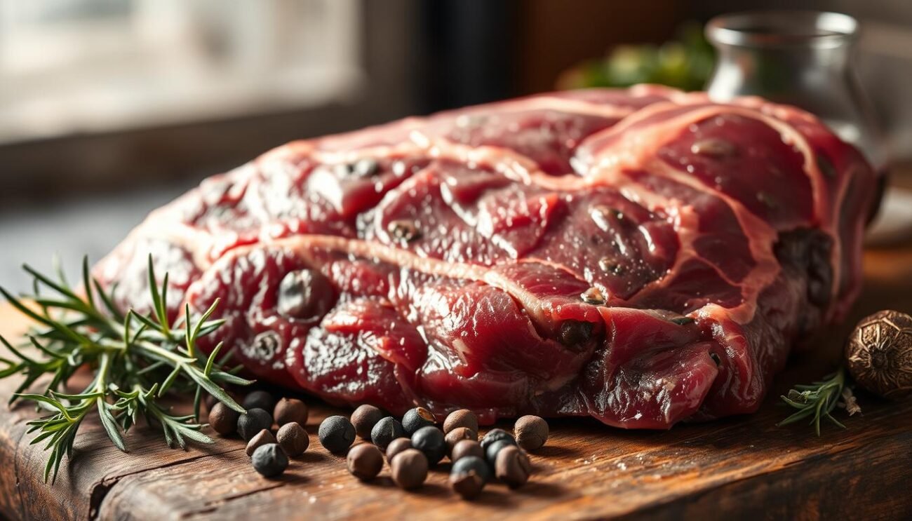 A close-up of raw wild boar meat (carne di cinghiale) on a rustic wooden surface. The dark, coarse-grained flesh is marbled with streaks of fat, glistening under soft, warm lighting. In the middle ground, sprigs of rosemary, whole peppercorns, and a small glass carafe of robust red wine evoke the flavors of traditional Tuscan preparation. The background is hazy, suggesting a simple country kitchen setting. The overall mood is one of hearty, earthy authenticity, highlighting the unique textural and aromatic qualities of this prized Italian ingredient. A close-up of raw wild boar meat (carne di cinghiale) on a rustic wooden surface. The dark, coarse-grained flesh is marbled with streaks of fat, glistening under soft, warm lighting. In the middle ground, sprigs of rosemary, whole peppercorns, and a small glass carafe of robust red wine evoke the flavors of traditional Tuscan preparation. The background is hazy, suggesting a simple country kitchen setting. The overall mood is one of hearty, earthy authenticity, highlighting the unique textural and aromatic qualities of this prized Italian ingredient.