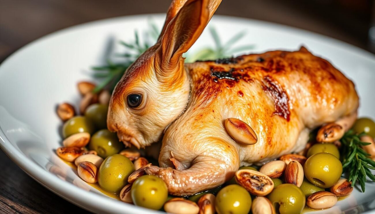A close-up shot of a carefully prepared "Coniglio alla Ligure" dish. The rabbit meat is seared to a golden brown, resting on a bed of vibrant green olives and toasted pine nuts. The arrangement is artfully composed, capturing the rustic elegance of this traditional Ligurian recipe. Soft, natural lighting illuminates the dish, highlighting the rich textures and mouthwatering details. The overall mood is one of homespun sophistication, inviting the viewer to imagine the savory flavors and aromas of this authentic Italian delicacy.