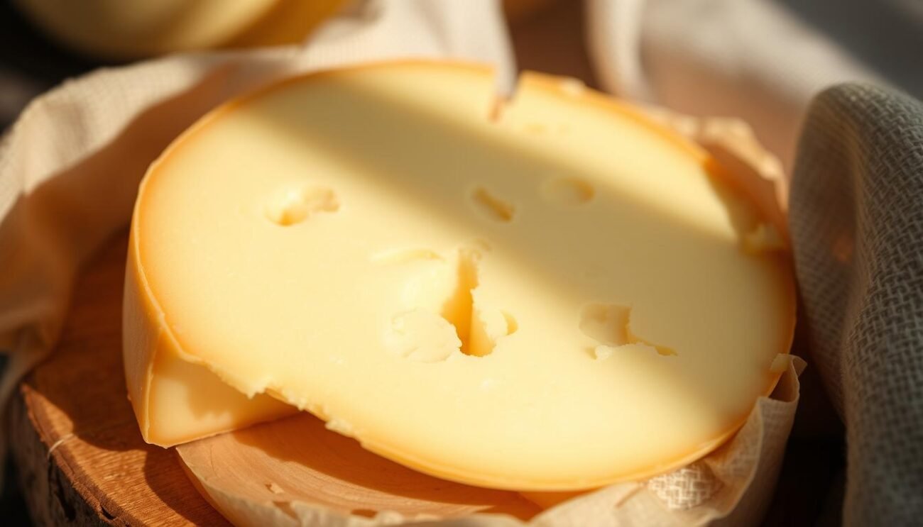 A close-up shot of a delicate formaggio casera, a traditional Italian semi-soft cheese from the Valtellina region. The cheese has a supple, ivory-colored interior and a natural rind with a slight golden hue. Soft shadows caress the curves of the cheese, creating a warm, inviting atmosphere. The cheese is showcased against a simple, minimalist background, allowing its textures and colors to take center stage. Subtle hints of the surrounding environment, such as a rustic wooden surface or a hint of linen, provide context without distracting from the main subject. The lighting is soft and diffused, highlighting the cheese's creamy appearance and inviting the viewer to imagine its smooth, buttery texture.