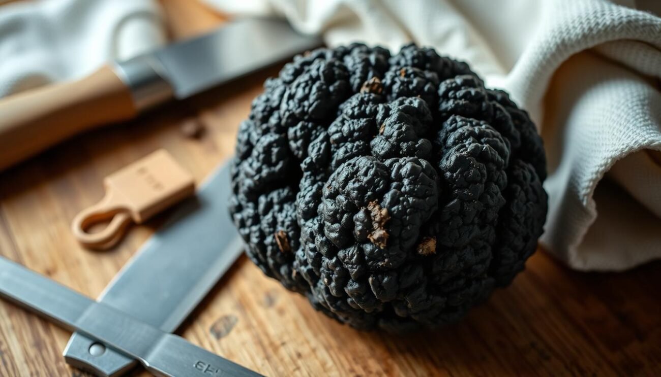 A close-up shot of a freshly unearthed black truffle, its rugged exterior glistening with earthy moisture. The truffle rests on a wooden surface, surrounded by a few simple kitchen tools - a sharp knife, a small brush, and a soft cloth. Soft, diffused lighting from an overhead source casts gentle shadows, emphasizing the truffle's distinct and irregular shape. The image conveys a sense of reverence and attention to detail, as if preparing to showcase this prized ingredient in a rustic Italian dish. A close-up shot of a freshly unearthed black truffle, its rugged exterior glistening with earthy moisture. The truffle rests on a wooden surface, surrounded by a few simple kitchen tools - a sharp knife, a small brush, and a soft cloth. Soft, diffused lighting from an overhead source casts gentle shadows, emphasizing the truffle's distinct and irregular shape. The image conveys a sense of reverence and attention to detail, as if preparing to showcase this prized ingredient in a rustic Italian dish.