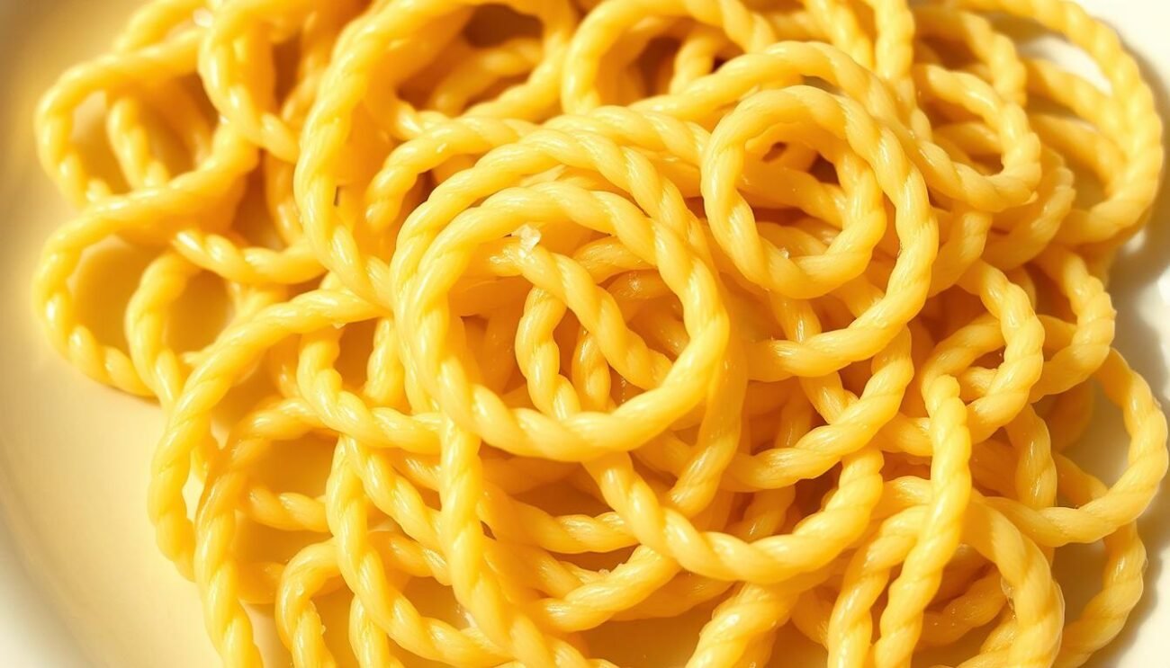 A close-up shot of a plate showcasing the intricate braided patterns of traditional Lorighittas, the handcrafted pasta from the Sardinian town of Morgongiori. The delicate, circular shapes intertwine in a mesmerizing display, their intricate folds and ridges catching the warm, natural lighting. The pasta glistens with a slight sheen, its golden hue accentuating the artisanal craftsmanship. The image conveys the unique culinary heritage and artistry that has been passed down through generations, capturing the essence of this iconic Sardinian delicacy.