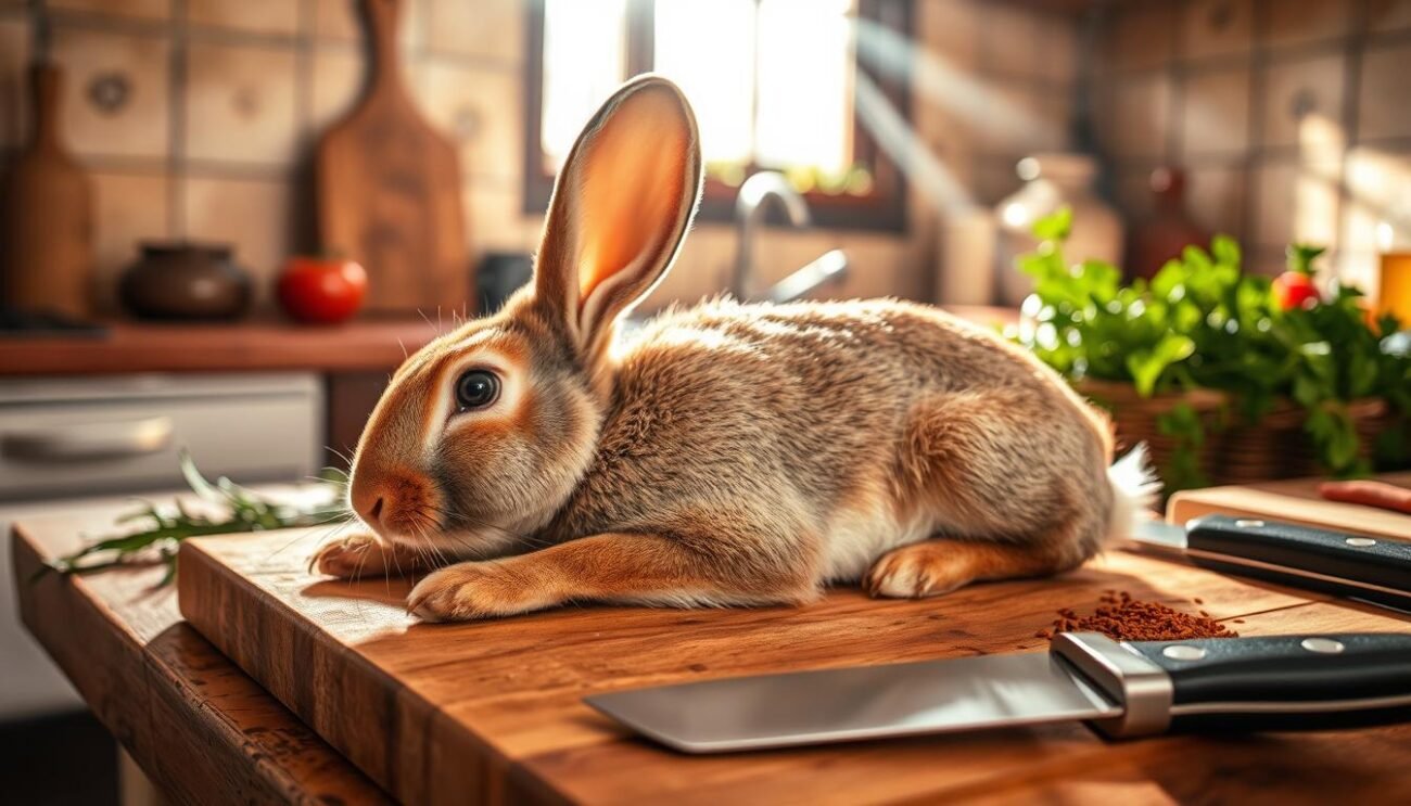 A close-up shot of a rabbit being prepared for cooking, set against a rustic kitchen backdrop. The rabbit's fur is neatly trimmed, its body resting on a wooden cutting board, with a sharp knife nearby. Sunlight streams through a window, casting a warm glow on the scene. The countertop is adorned with fragrant herbs and spices, hinting at the aromatic flavors to come. The overall atmosphere evokes the traditional Italian countryside, capturing the essence of the "Coniglio alla Cacciatora Abruzzese" dish.