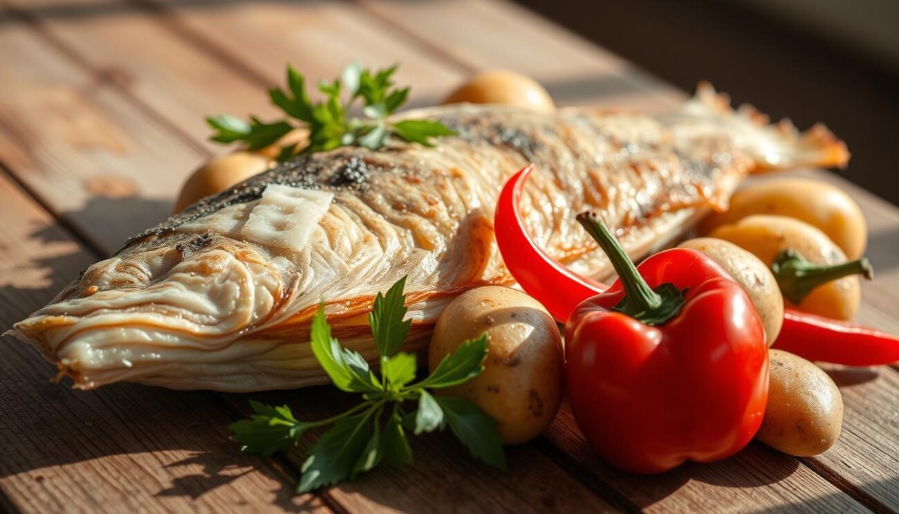 A close-up shot of a traditional Italian stocco, or dried and salted cod, resting on a wooden table. The stocco is surrounded by vibrant red and green peppers, and rustic potatoes, all elements of the classic Calabrian stocco dish. The lighting is soft and natural, casting gentle shadows that accentuate the textures of the ingredients. The composition is balanced, with the stocco as the focal point, set against a neutral background that allows the colors and shapes to shine. The overall mood is one of rustic simplicity, capturing the essence of traditional Calabrian cuisine.