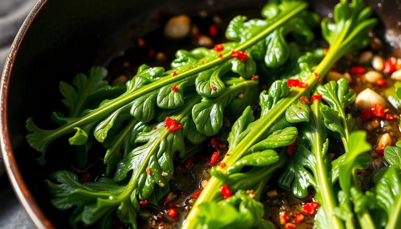 A close-up shot of fresh, vibrant cicoria (chicory) leaves sizzling in a cast-iron pan, with fragrant garlic and spicy red pepper flakes sautéing in the background. The leaves glisten with a light drizzle of olive oil, their deep green hues popping against the warm, rustic tones of the pan. The scene is illuminated by soft, natural lighting that casts gentle shadows, creating a cozy, homemade atmosphere. The composition is arranged to showcase the preparation process, inviting the viewer to imagine the aroma and taste of this classic Italian dish.