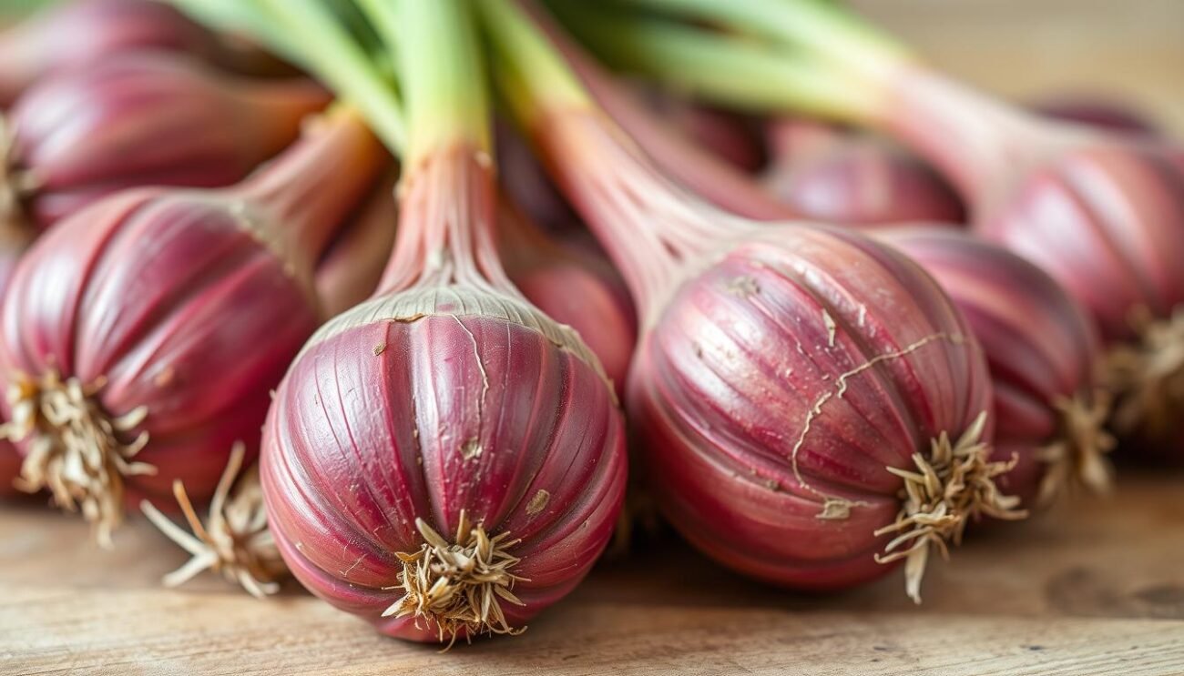 A close-up shot of freshly harvested lampascioni, also known as wild onion bulbs. The plump, oval-shaped bulbs have a vibrant purple-red hue, with a few layers of papery, earthy-toned outer skins. The bulbs are neatly arranged on a wooden surface, accentuating their natural textures and colors. Soft, even lighting illuminates the scene, creating a warm and inviting atmosphere. The background is blurred, allowing the viewer to focus on the intricate details of these unique, flavorful allium bulbs.