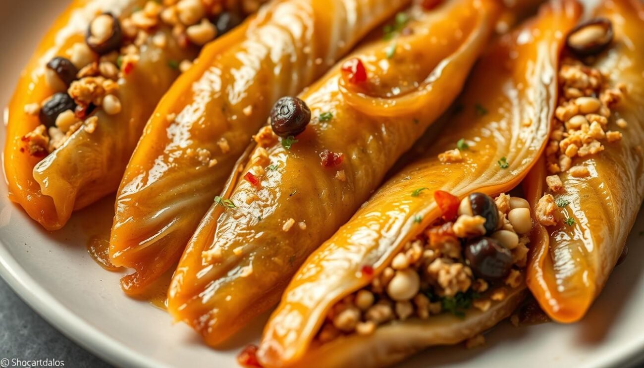 A close-up shot of freshly prepared "Sarde a Beccafico", a traditional Sicilian dish. The image shows a plate with neatly arranged sardine fillets, their golden-brown skin glistening under warm, diffused lighting. The sardines are stuffed with a savory mixture of breadcrumbs, raisins, pine nuts, and herbs, creating a delightful contrast of sweet and savory flavors. The plate is set against a simple, muted background, allowing the vibrant colors and textures of the dish to take center stage. The overall composition evokes a sense of rustic elegance, perfectly capturing the essence of the "Preparazione delle Sarde" section of the article.
