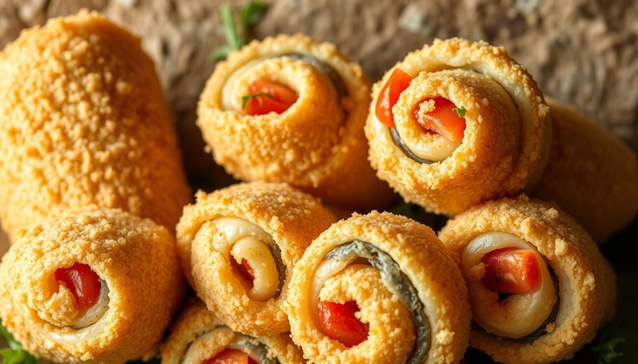 A close-up shot of freshly prepared involtini di pesce spada, or Sicilian-style swordfish rolls, against a rustic, textured background. The swordfish fillets are tightly wrapped in a golden, crispy breadcrumb coating, revealing their tender, juicy interior. The involtini are arranged artfully, highlighting their elegant spiral shape and the vibrant colors of the ingredients - the deep blue-green of the swordfish, the vibrant red of the tomato slices, and the flecks of green herbs. Warm, natural lighting casts a soft, appetizing glow on the scene, creating a mouthwatering, Italian trattoria-inspired atmosphere.