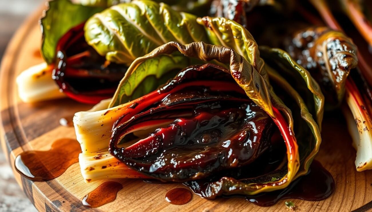 A close-up shot of grilled radicchio di Treviso, its vibrant leaves delicately charred and glistening with a drizzle of balsamic vinegar. The radicchio is arranged on a rustic wooden board, its bitter notes balanced by the sweetness of the vinegar. Warm, diffused lighting casts a golden glow, highlighting the intricate textures and the gentle curl of the leaves. The overall composition conveys the simple, yet sophisticated, nature of this classic Italian dish.