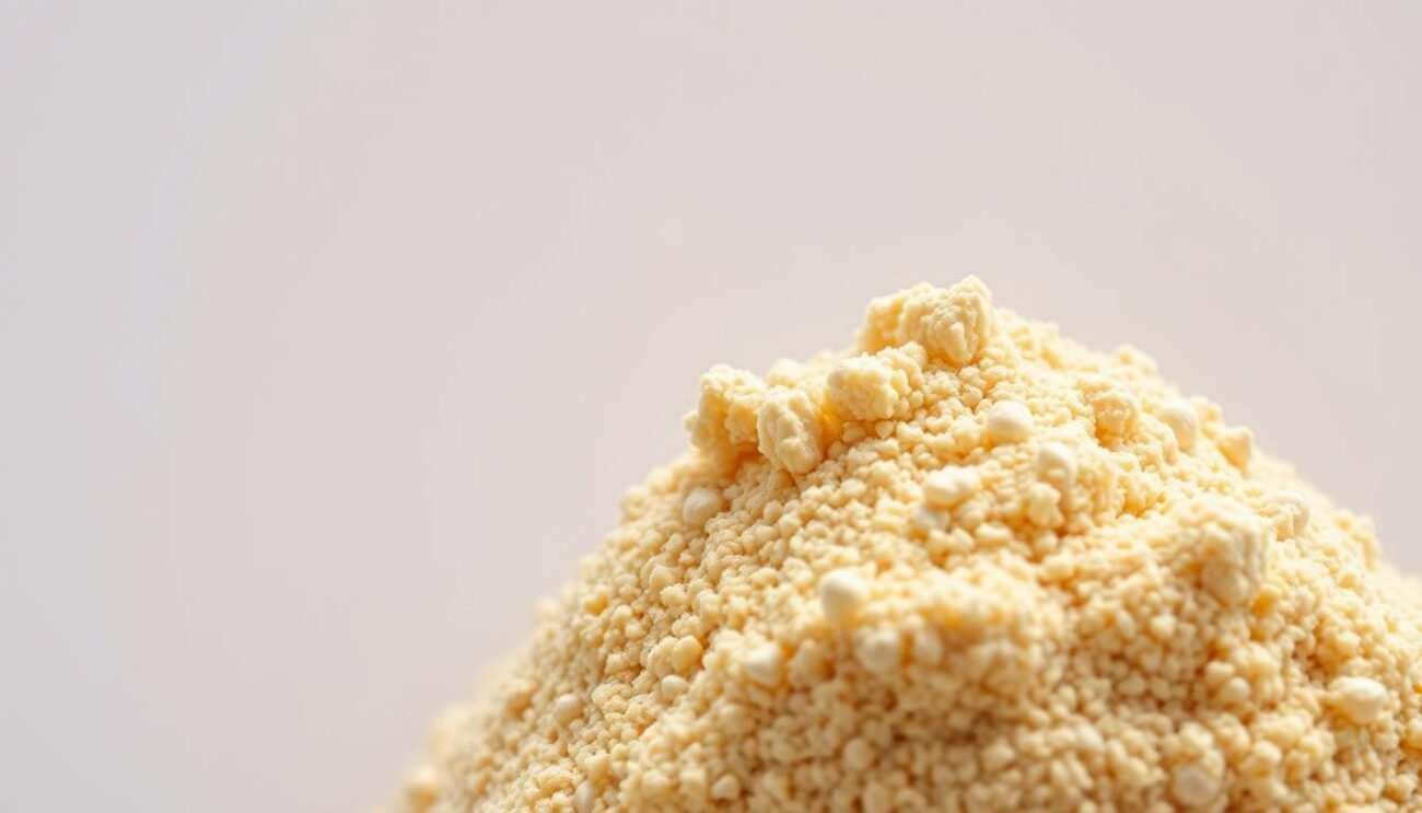 A close-up shot of semola rimacinata di grano duro, a coarse-ground, re-milled durum wheat flour used in traditional Sardinian cuisine. The flour appears golden-hued, with a slightly granular texture, illuminated by soft, diffused lighting that creates subtle shadows and highlights its unique qualities. The image is framed against a plain, neutral background, allowing the flour to be the central focus, conveying a sense of simplicity and authenticity befitting its traditional culinary applications.