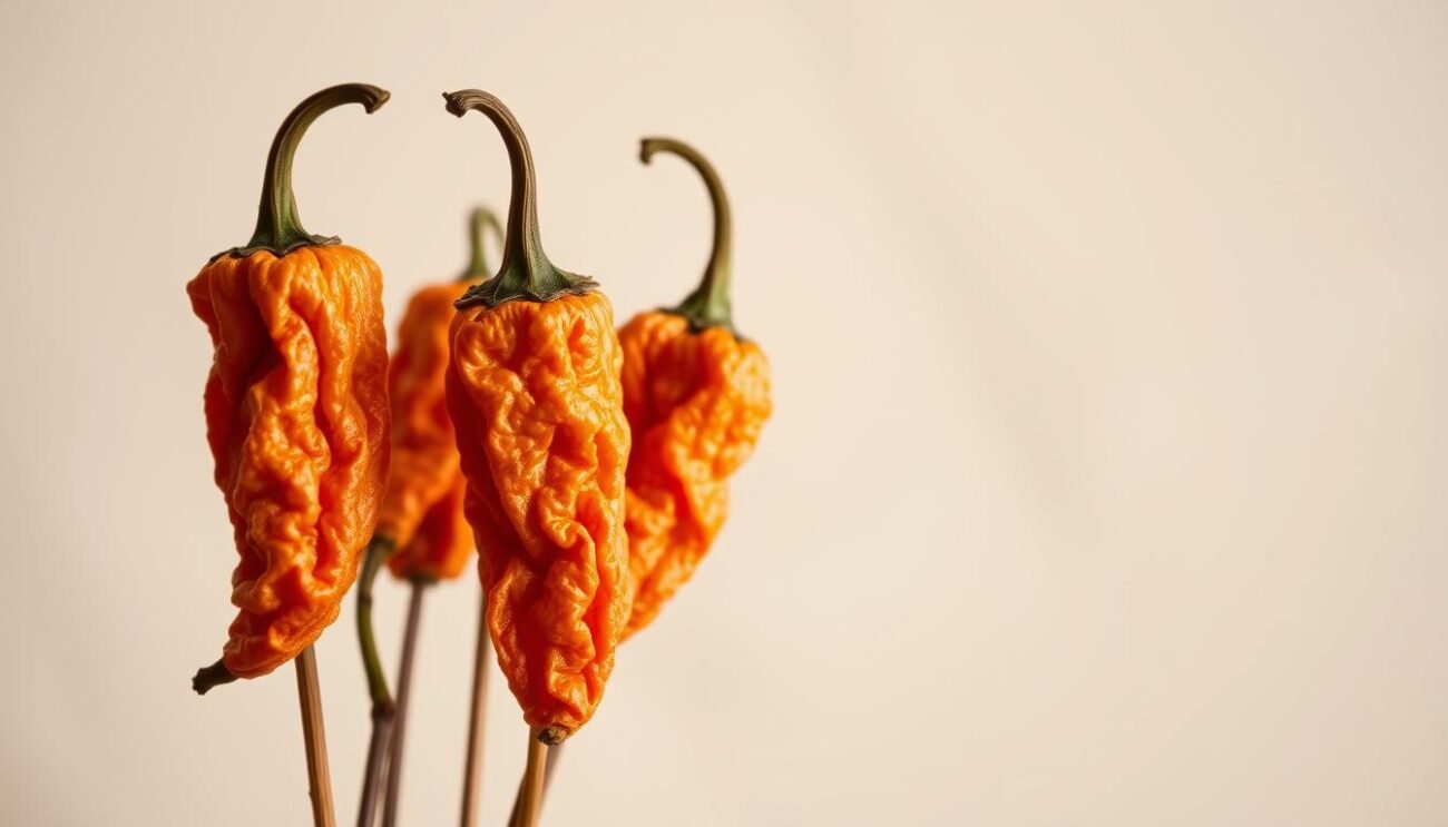 A close-up shot of several crisp, golden-brown peperoni cruschi (fried dried peppers) against a plain backdrop, capturing their distinctive wrinkled texture and vibrant red-orange hue. The peppers are lit from the side, casting gentle shadows that accentuate their three-dimensional form. The image has a warm, rustic tone, evoking the traditional Italian cuisine of Basilicata. The peperoni cruschi are the focal point, filling the frame and showcasing their unique, crunchy appearance.
