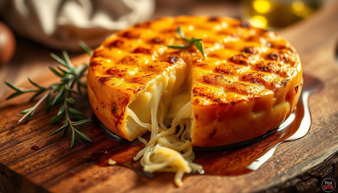 A close-up view of a freshly grilled scamorza cheese, its golden-brown exterior glistening under warm lighting. The scamorza sits atop a rustic wooden board, surrounded by a few sprigs of fresh herbs and a drizzle of olive oil. The scene is captured with a shallow depth of field, highlighting the molten, stringy texture of the cheese as it's being pulled apart. The overall atmosphere is cozy and inviting, evoking the traditional Italian kitchen and the artisanal preparation of this iconic Molisan dish.