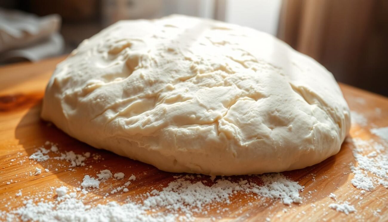 A close-up view of a freshly kneaded dough, its surface textured with expressive brushstrokes of flour. The dough rests on a rustic wooden board, the warm tones of the wood complementing the pale hue of the pliable dough. Beams of soft, diffused light from a window cast gentle shadows, accentuating the tactile, impasto-like quality of the mixture. The scene evokes the traditional, artisanal process of preparing the dough for the Torta al Testo, a beloved flatbread from the Umbrian region of Italy. The image captures the essence of this time-honored recipe, inviting the viewer to imagine the aroma and texture of the finished product. A close-up view of a freshly kneaded dough, its surface textured with expressive brushstrokes of flour. The dough rests on a rustic wooden board, the warm tones of the wood complementing the pale hue of the pliable dough. Beams of soft, diffused light from a window cast gentle shadows, accentuating the tactile, impasto-like quality of the mixture. The scene evokes the traditional, artisanal process of preparing the dough for the Torta al Testo, a beloved flatbread from the Umbrian region of Italy. The image captures the essence of this time-honored recipe, inviting the viewer to imagine the aroma and texture of the finished product.