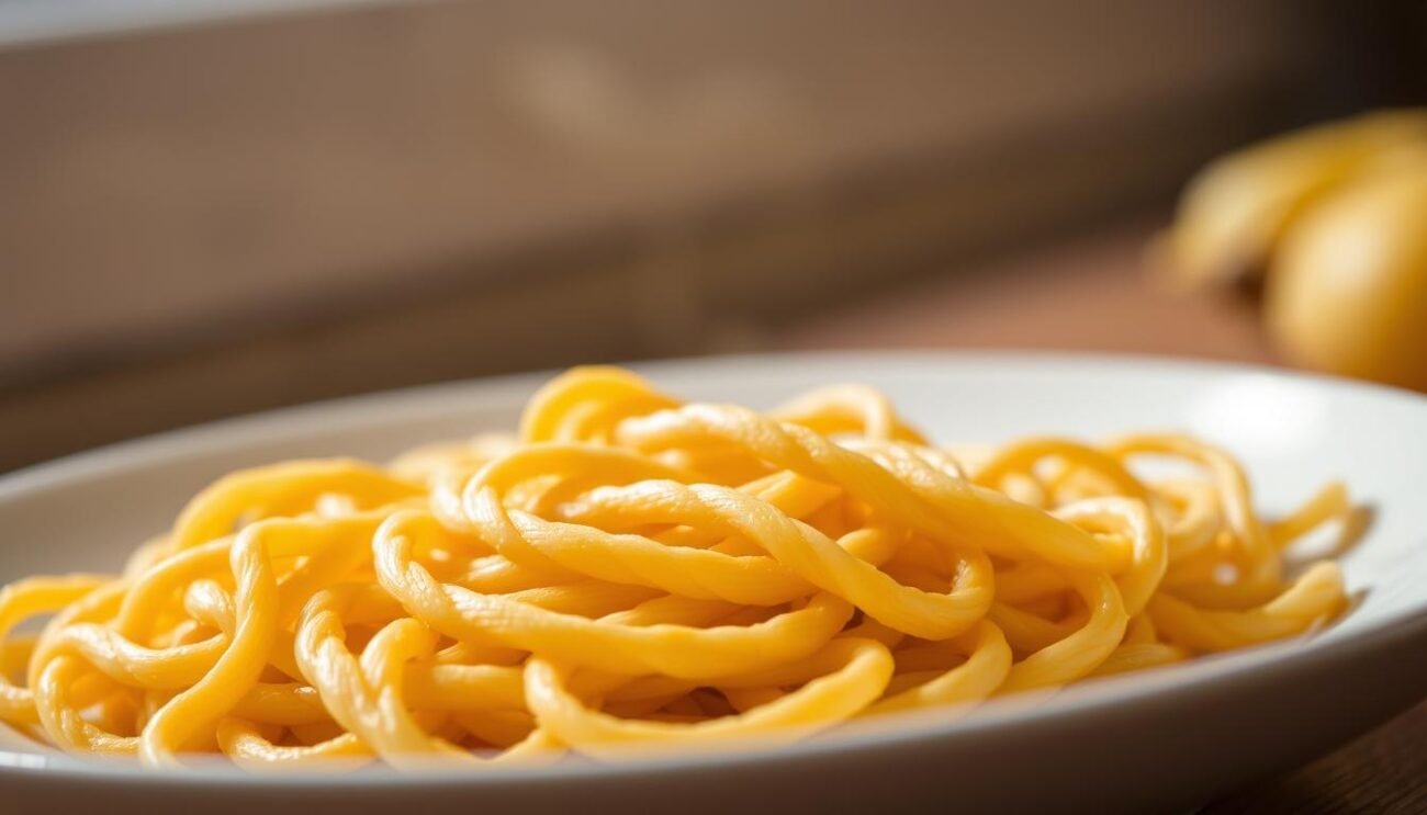A close-up view of a plate of perfectly cooked lorighittas, the traditional hand-braided pasta from the Sardinian town of Morgongiori. The pasta strands are al dente, with a golden-brown color and a slightly chewy texture. The lighting is soft and natural, highlighting the intricate braiding pattern and the delicate curves of the lorighittas. The background is blurred, keeping the focus on the exquisite craftsmanship of this regional specialty. The overall mood is one of rustic elegance, capturing the essence of Sardinian culinary tradition.