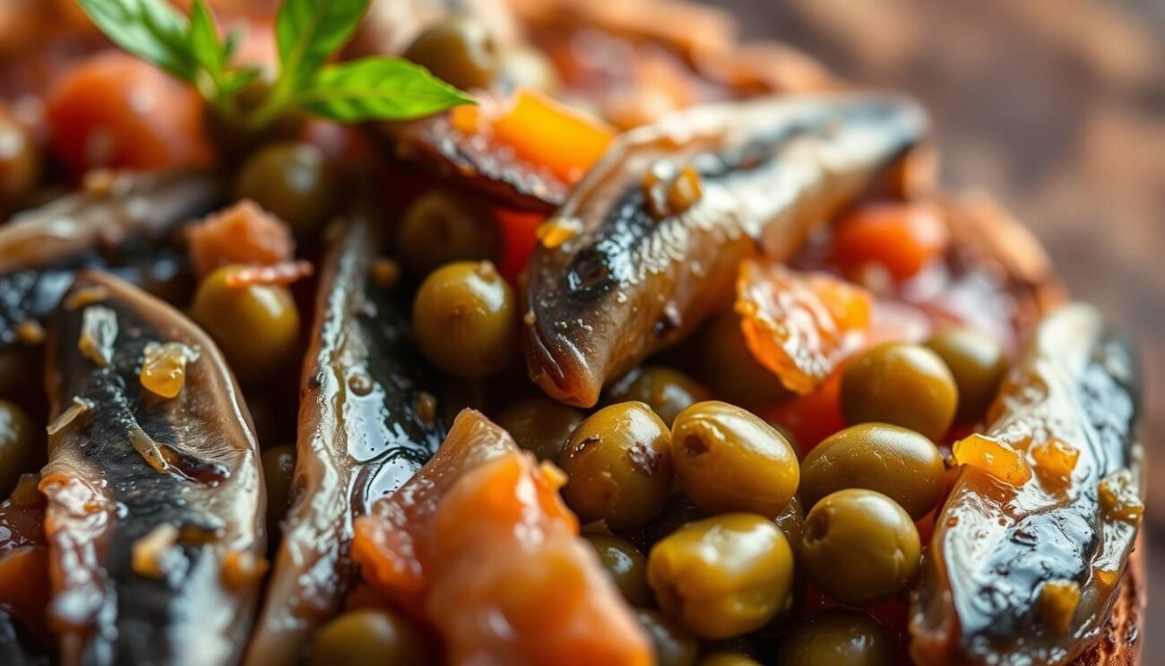 A close-up view of a vibrant, rustic salsa di acciughe e capperi, the traditional Chieti-style condiment. In the foreground, glistening olive oil-cured anchovy fillets and briny capers mingle, their colors a striking contrast against the earthy, textured background. Soft, natural lighting illuminates the intricate details, evoking the warm, homemade feel of this classic Italian condiment. The composition is simple yet captivating, allowing the key ingredients to take center stage and whet the appetite for the crostini alla Chietina dish to come.