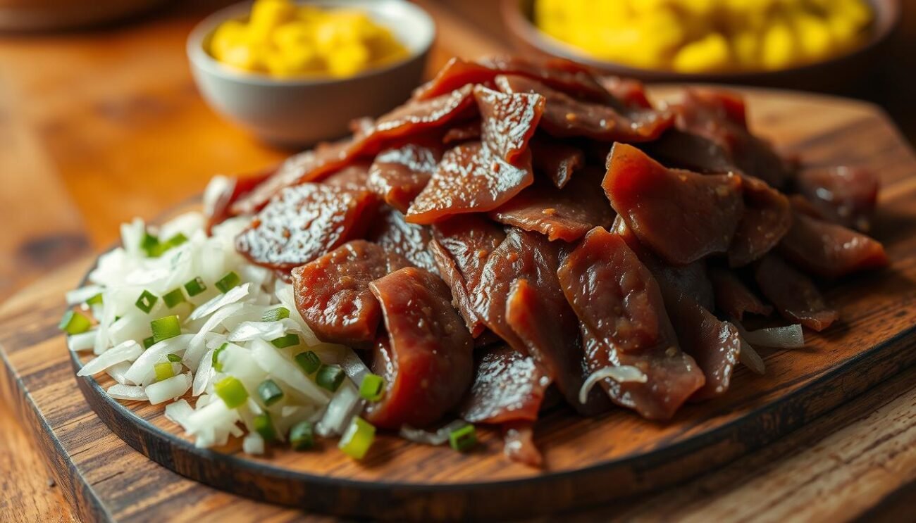 A close-up view of a wooden cutting board, showcasing a pile of thinly sliced beef liver, glistening with a slight sheen. Surrounding the liver are finely chopped onions, their translucent layers creating a vibrant contrast. In the background, a warm, rustic wooden table, with a hint of a polenta-filled bowl nearby, sets the stage for this classic Venetian dish. The lighting is soft and diffused, casting a cozy, homemade atmosphere. The overall composition evokes the traditional preparation and flavors of "Fegato alla Veneziana," a beloved Italian delicacy. A close-up view of a wooden cutting board, showcasing a pile of thinly sliced beef liver, glistening with a slight sheen. Surrounding the liver are finely chopped onions, their translucent layers creating a vibrant contrast. In the background, a warm, rustic wooden table, with a hint of a polenta-filled bowl nearby, sets the stage for this classic Venetian dish. The lighting is soft and diffused, casting a cozy, homemade atmosphere. The overall composition evokes the traditional preparation and flavors of "Fegato alla Veneziana," a beloved Italian delicacy.