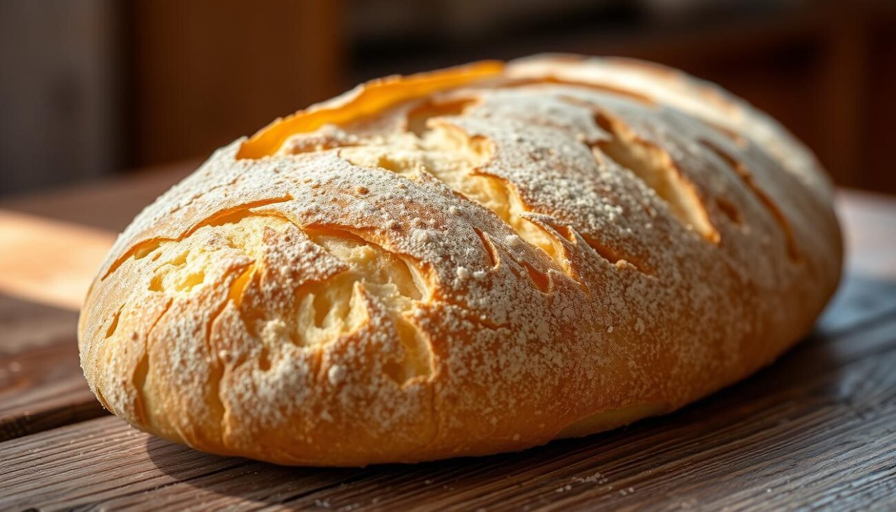 A close-up view of crisp, golden-brown pane carasau bread, its distinctive thin, crunchy texture clearly visible. The loaf sits on a rustic wooden surface, bathed in warm, natural lighting that casts soft shadows and highlights the bread's intricate patterns. The background is blurred, allowing the focus to remain on the captivating details of this traditional Sardinian specialty.