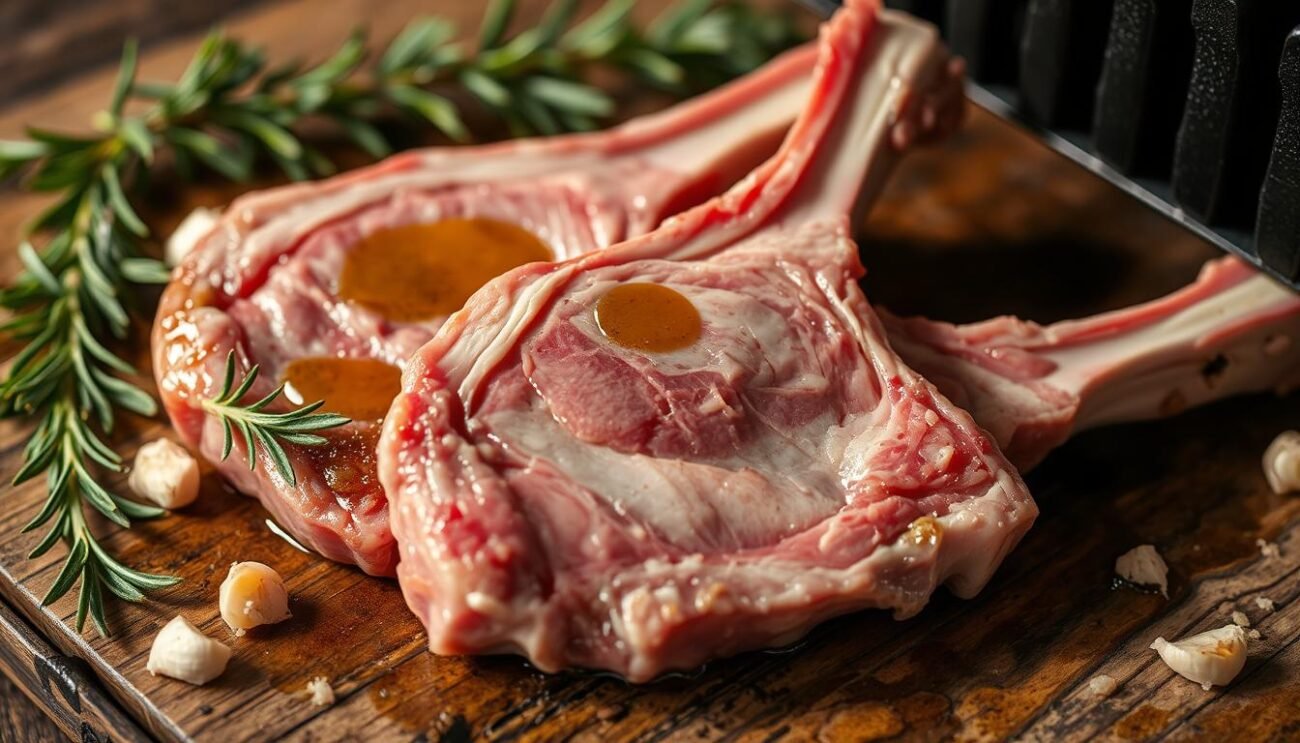A close-up view of fresh, tender lamb chops being prepared for the grill. The chops are glistening with a light coating of olive oil, their pinkish-red color contrasting beautifully against the rustic wooden surface. Sprigs of fragrant rosemary and crushed garlic cloves are scattered around, hinting at the flavors to come. The lighting is soft and natural, casting gentle shadows that accentuate the chops' delicate texture. The scene evokes the warmth and simplicity of traditional Italian home cooking, setting the stage for the flavorful Agnello Scottadito Umbro dish.