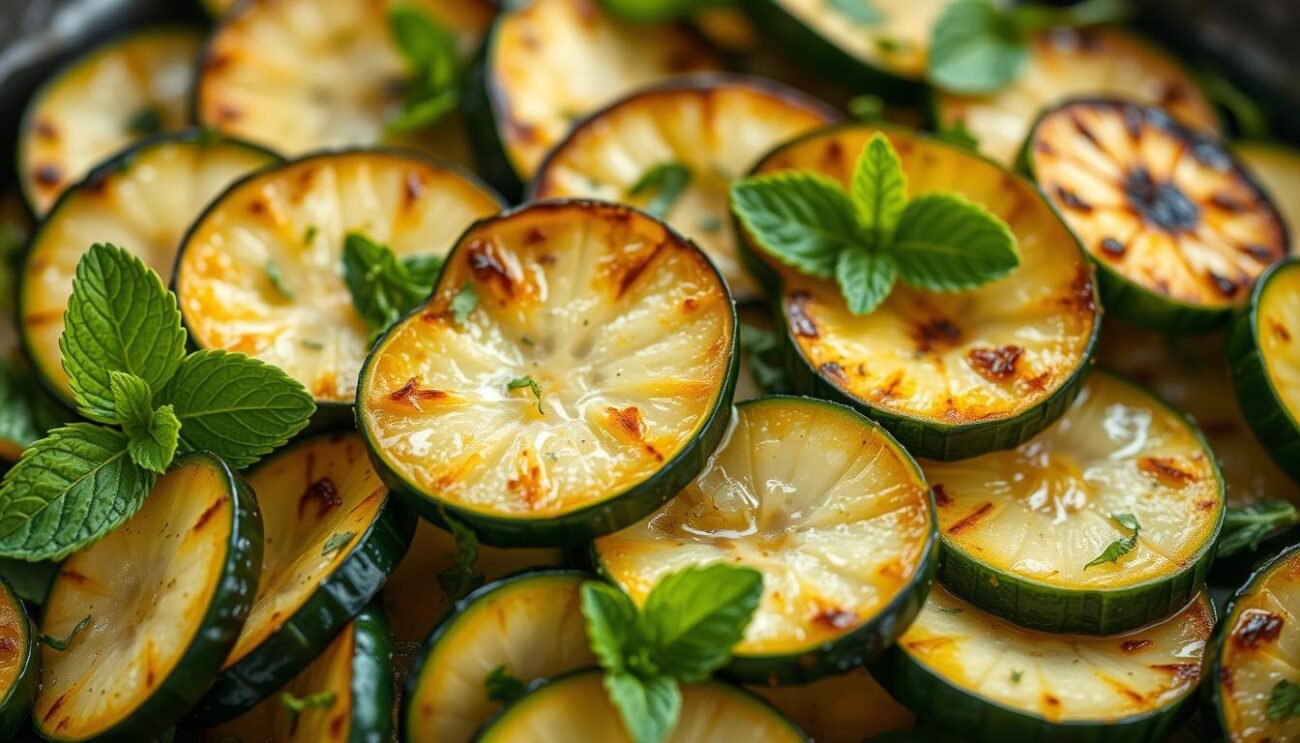 A close-up view of freshly prepared zucchine scapece, a traditional Italian dish. The sliced zucchini have a golden-brown sear, glistening with a light vinegar marinade. Sprigs of fragrant mint leaves are scattered throughout, adding a pop of green contrast. The zucchini pieces are arranged in an artful, overlapping pattern, capturing the step-by-step preparation process. Soft, natural lighting illuminates the scene, highlighting the vibrant colors and textures. The overall mood is rustic and inviting, evoking the flavors and aromas of authentic Italian cuisine. A close-up view of freshly prepared zucchine scapece, a traditional Italian dish. The sliced zucchini have a golden-brown sear, glistening with a light vinegar marinade. Sprigs of fragrant mint leaves are scattered throughout, adding a pop of green contrast. The zucchini pieces are arranged in an artful, overlapping pattern, capturing the step-by-step preparation process. Soft, natural lighting illuminates the scene, highlighting the vibrant colors and textures. The overall mood is rustic and inviting, evoking the flavors and aromas of authentic Italian cuisine.