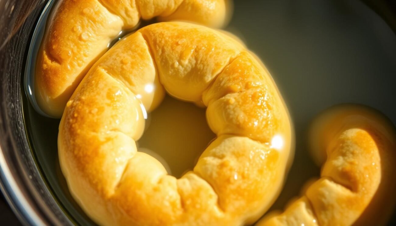 A close-up view of freshly soaked friselle, a traditional Puglian twice-baked bread, resting in a shallow bowl. The friselle, with their characteristic ring shape, are submerged in a pool of crystal clear water, reflecting the natural light. Droplets cling to the golden-brown crust, creating a sense of freshness and anticipation. The composition emphasizes the textural contrast between the softened bread and the smooth water surface. The lighting is soft and diffused, casting gentle shadows that accentuate the three-dimensional form of the friselle. The overall scene conveys the simple, yet essential, ritual of "sponzare" the friselle, preparing them for a delicious topping of fresh tomatoes and extra virgin olive oil.
