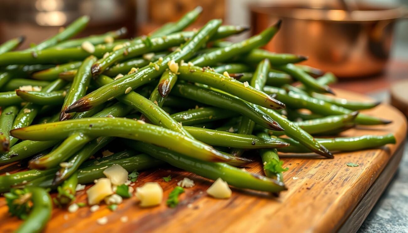 A close-up view of perfectly cooked fagiolini (green beans) glistening with a light coating of olive oil. The beans are arranged on a rustic wooden board, their vibrant green hues contrasting beautifully against the natural wood tones. The lighting is soft and diffused, creating a warm, inviting atmosphere. In the foreground, a sprinkling of freshly chopped garlic and parsley adds depth and aroma to the scene. The mid-ground showcases the tender, slightly charred texture of the beans, while the background subtly hints at an Italian kitchen setting, with subtle hints of copper pots or ceramic tiles. The overall composition evokes a sense of simplicity, flavor, and the comforting home-cooked essence of this classic Italian side dish.