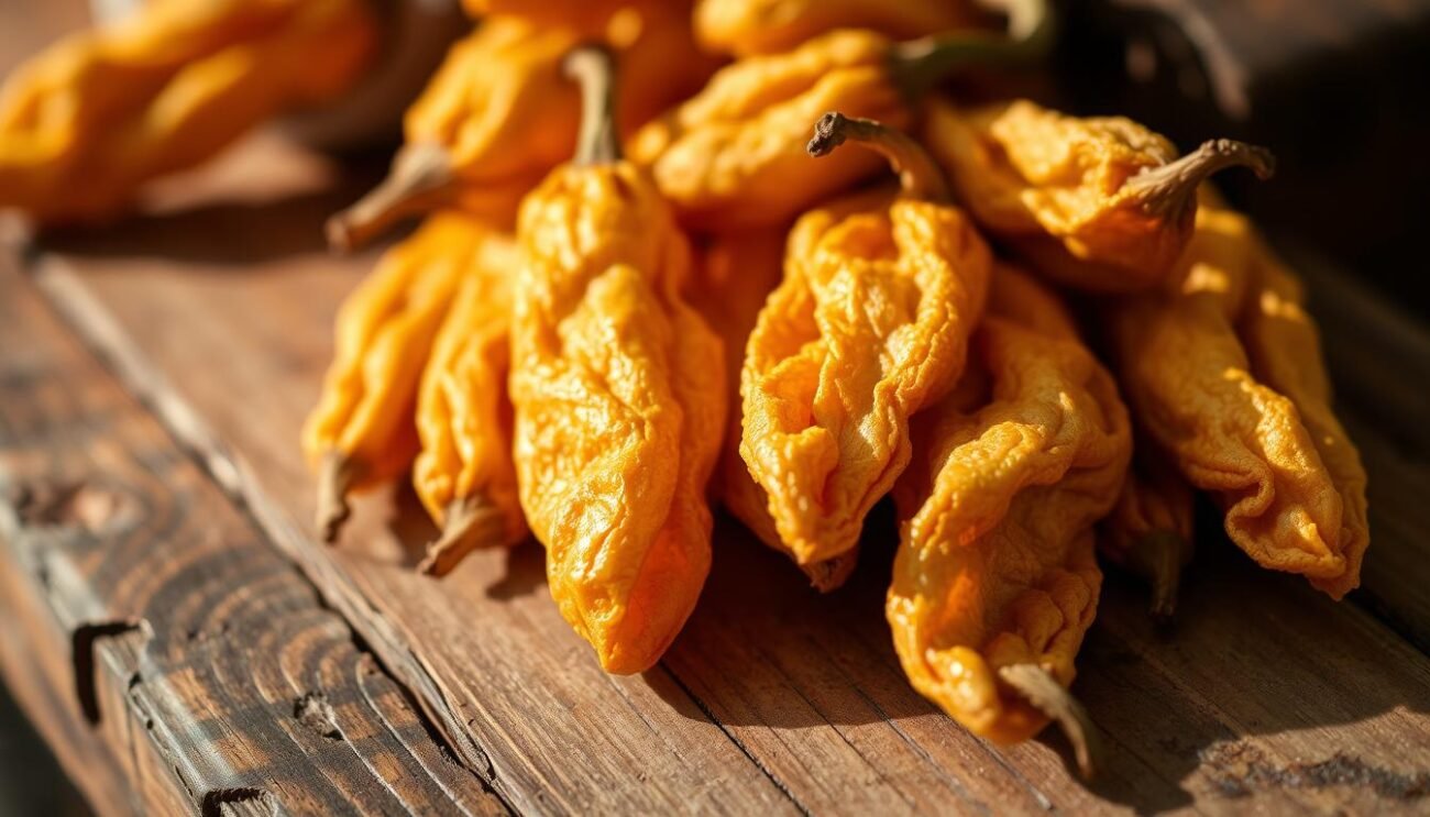 A close-up view of several crisp, golden-brown peperoni cruschi (fried dried peppers) arranged on a rustic wooden surface. The peppers have a wrinkled, crackly texture, and a subtle sheen from the frying process. The lighting is warm and natural, casting gentle shadows that accentuate the peppers' irregular shapes and intricate details. The background is slightly blurred, keeping the focus on the delicate, delectable peppers that are the stars of this image.