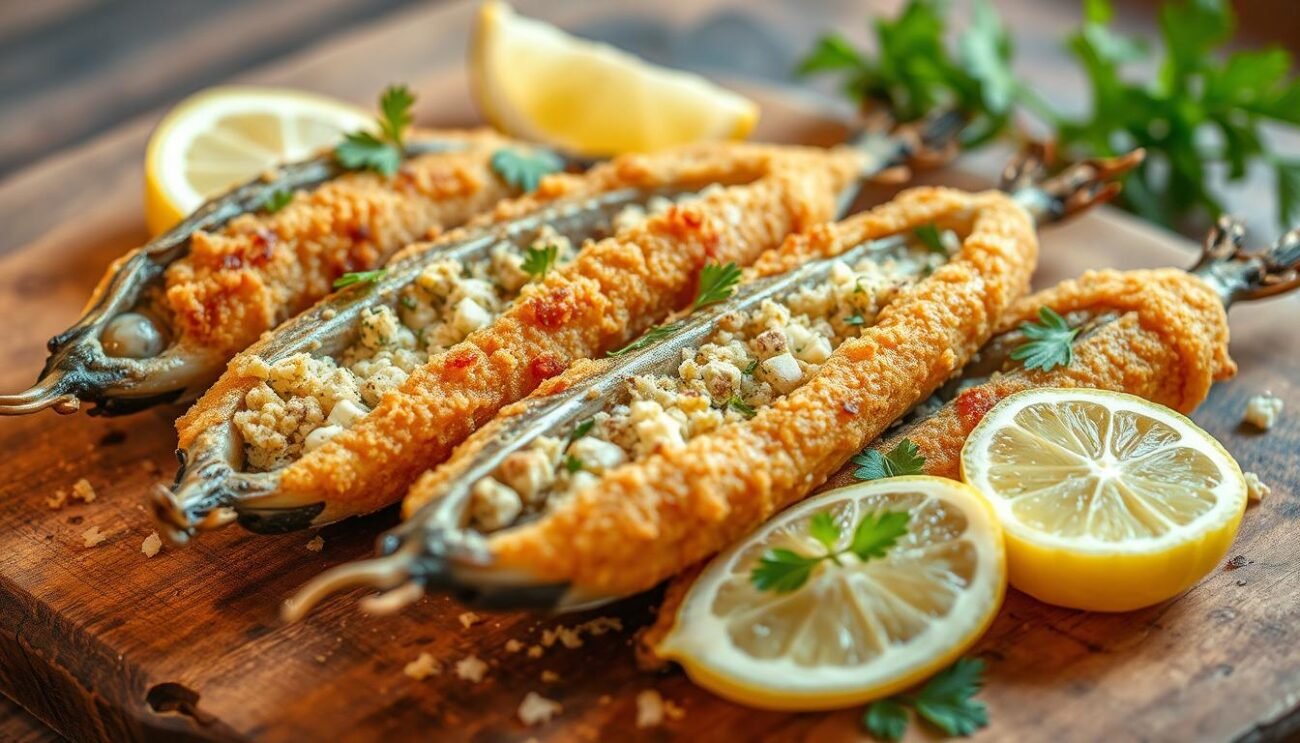 A closeup image of perfectly fried stuffed anchovies (Alici 'Mbuttunate fritte), freshly prepared in the Neapolitan style. The anchovies are plump and golden-brown, filled with a savory mixture of mozzarella cheese, breadcrumbs, and fresh herbs. The dish is presented on a rustic wooden surface, with a sprinkling of lemon wedges and parsley fronds for garnish. Soft natural lighting casts a warm glow, highlighting the dish's enticing textures and flavors. The overall composition evokes the authentic charm of traditional Neapolitan cuisine.