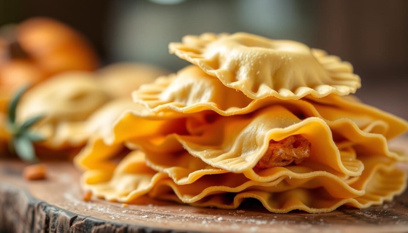 A closeup shot of a stack of freshly made tortelli, their delicate pockets filled with a luscious pumpkin-amaretti-mostarda filling, nestled on a rustic wooden surface. The tortelli are illuminated by soft, warm lighting that accentuates their golden hues and intricate crimped edges. The background is gently blurred, allowing the tortelli to take center stage. The overall composition evokes the artisanal craftsmanship and comforting flavors of traditional Mantuan cuisine.