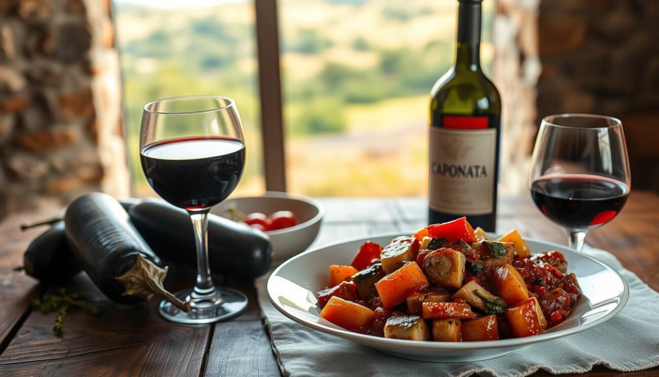 A cozy Italian still life set against a warm, rustic backdrop. In the foreground, a plate of caponata - a flavorful Sicilian eggplant and vegetable dish, drizzled with olive oil. Alongside, a glass of robust Sicilian red wine, its deep ruby hue glinting in the soft, diffused lighting. The mid-ground features a wooden table with a simple linen tablecloth, framed by a stone wall and a glimpse of a countryside landscape beyond. The overall mood is one of comforting, Mediterranean charm - perfect for illustrating a practical guide to preserving and serving this traditional Sicilian antipasto.
