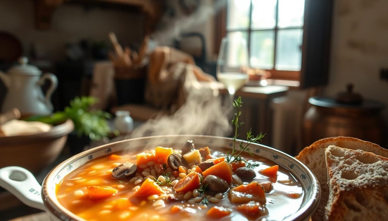 A cozy farmhouse kitchen, sunlight streaming through the windows, illuminating a steaming bowl of zuppa di farro. The hearty broth, rich with the flavors of simmered vegetables and legumes, is the centerpiece of this authentic Umbrian country recipe. Tender farro grains nestle alongside vibrant carrots, earthy mushrooms, and aromatic herbs. The scene is rustic and inviting, capturing the essence of traditional Italian comfort food. Crisp, crusty bread waits nearby, ready to soak up the flavorful liquid. This image perfectly illustrates the step-by-step process of crafting this beloved, peasant-style soup.