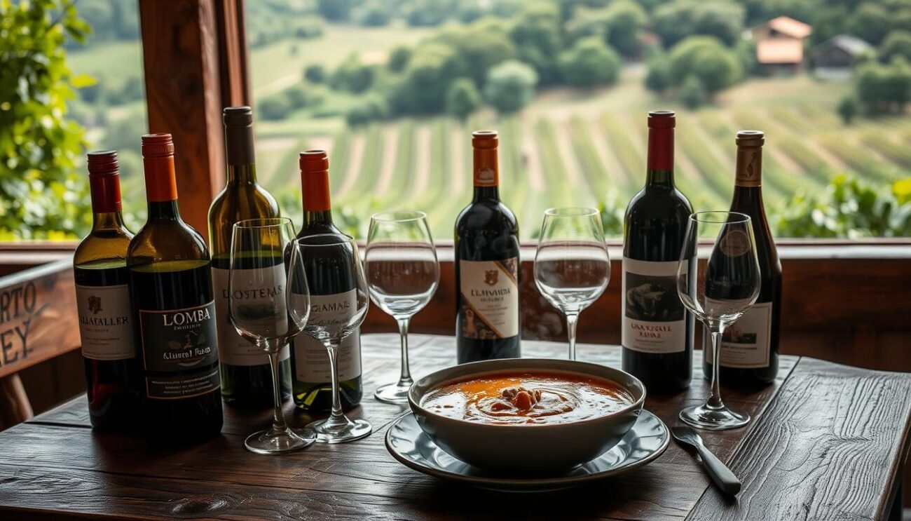 A cozy, inviting setting featuring a rustic wooden table adorned with a selection of regional Italian wine bottles, glasses, and a hearty bowl of Zuppa alla Pavese. The steam rising from the soup creates a comforting, homey atmosphere, while the warm lighting and muted color palette evoke the ambiance of a traditional Italian trattoria. In the background, a glimpse of a lush, verdant vineyard landscape sets the stage for this harmonious pairing of classic Lombard cuisine and renowned local vintages.