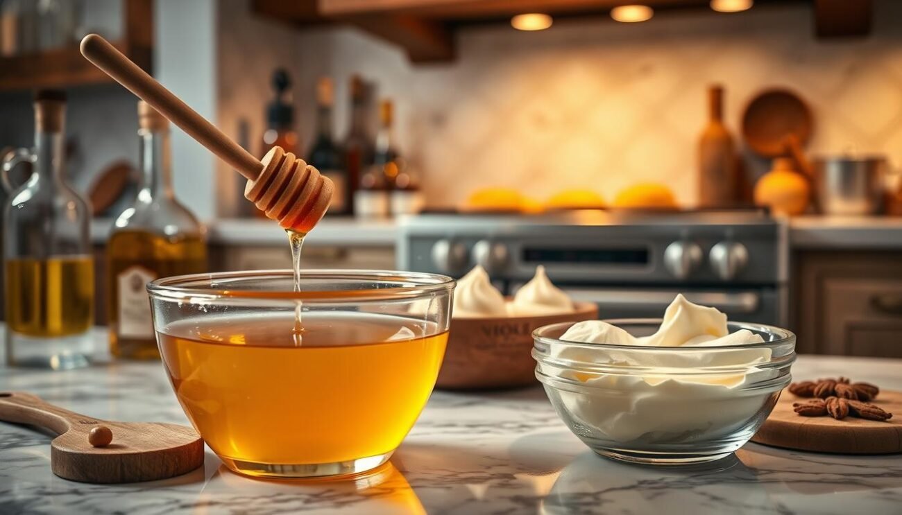 A cozy kitchen scene showcasing various cooking techniques for sweet and decadent dishes. In the foreground, a glass bowl filled with golden honey glistens under the warm overhead lighting. Beside it, a wooden spoon dips into a bowl of creamy butter, ready to be whipped into a rich frosting. In the middle ground, a selection of artisanal oils and fragrant spices sit atop a marble countertop, hinting at the flavorful possibilities. In the background, a vintage oven emits the enticing aroma of freshly baked pastries, creating an inviting atmosphere. The scene is captured with a soft, dreamlike focus, evoking the comforting experience of preparing delectable desserts.