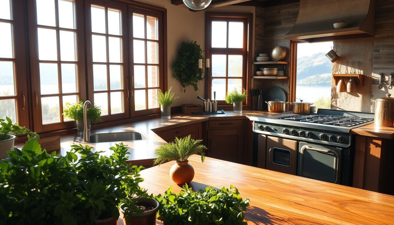 A cozy, rustic kitchen nestled along the shores of Lake Sebino, Italy. Sunlight streams through large windows, casting a warm glow over the space. Polished wood countertops, copper pots and pans, and a traditional Italian stove take center stage. In the foreground, fresh herbs and produce from the nearby gardens sit ready for a meal. The background reveals a glimpse of the tranquil lake and rolling hills beyond, reflecting the rich culinary traditions of this region. The atmosphere is one of comfort, tradition, and the appreciation of simple, high-quality ingredients.