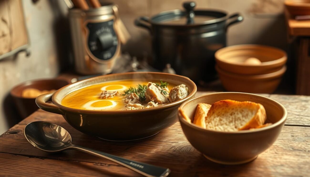 A cozy, rustic scene of a traditional Zuppa Pavese. A steaming bowl filled with egg-enriched broth, tender chunks of meat, and soft pieces of bread, set against a backdrop of a simple, homey kitchen. Warm, soft lighting casts a comforting glow, highlighting the rich textures and colors of the dish. In the foreground, a worn wooden table, a well-used ladle, and a simple yet elegant serving dish complete the scene, evoking the timeless tradition of this historic Lombard recipe.
