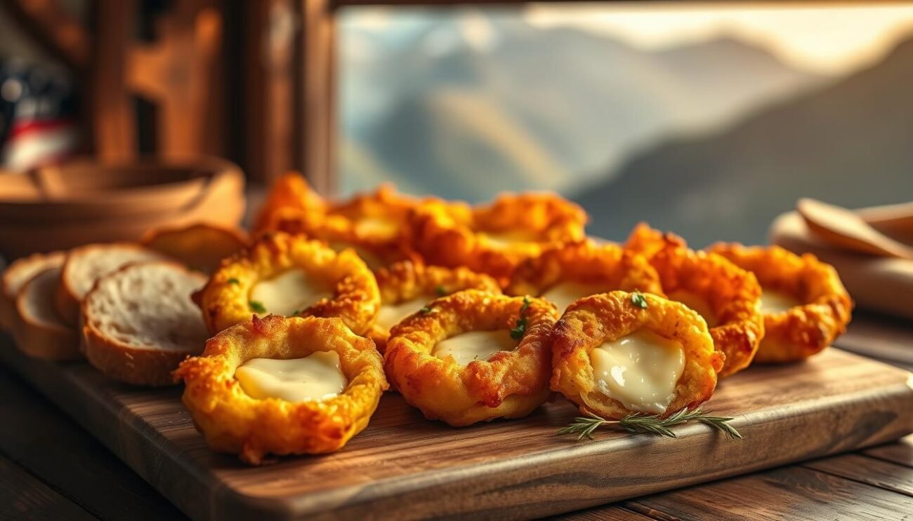 A cozy rustic scene showcases an enticing array of crispy, golden-brown sciatt valtellinesi, each with a melted cheese center. The fritters are artfully arranged on a wooden board, accompanied by slices of crusty bread and a sprinkling of fresh herbs. Warm, ambient lighting casts a inviting glow, highlighting the textural contrast between the crisp exterior and the gooey, indulgent interior. In the background, a blurred, picturesque mountainous landscape evokes the scenic Valtellina region, where this beloved local delicacy originates. This image captures the essence of the "Varianti e Sostituzioni" section, inviting the viewer to explore the delightful diversity of this traditional Italian snack.