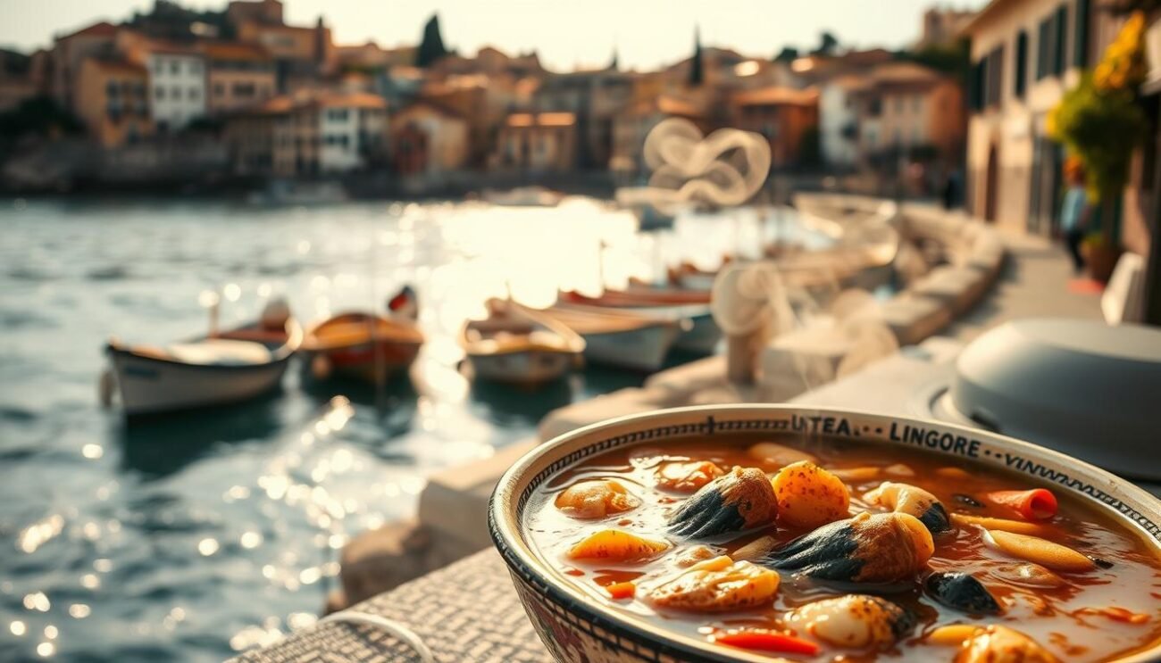 A cozy seaside town in Liguria, the sun-dappled waves lapping at the weathered fishing boats. In the foreground, a steaming bowl of Ciuppin Ligure, the traditional Ligurian seafood stew, its fragrant broth brimming with fresh-caught treasures from the sea. Soft-focus background showcases the charming architecture, terra-cotta roofs, and winding cobblestone streets that have witnessed generations of fishermen and their families. Soft, golden lighting evokes the warmth and comfort of a cherished local tradition. A sense of timeless authenticity and regional pride permeates the scene.