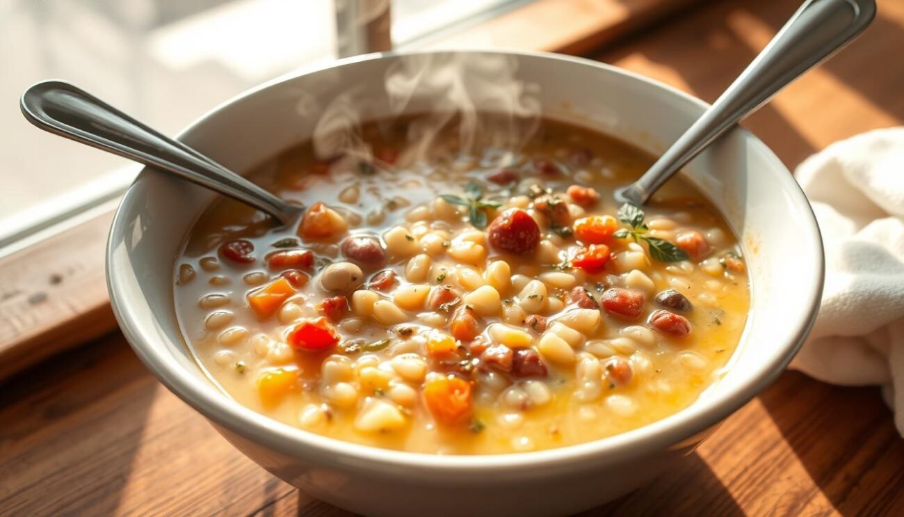 A creamy, steaming bowl of Zuppa di Orzo, the quintessential Trentino mountain dish. Barley grains simmered to a velvety consistency, interwoven with tender legumes and crisp, colorful vegetables. The aroma of earthy herbs and aromatic spices wafts through the air, inviting you to savor each spoonful. Sunlight filters through the window, casting a warm glow on the comforting scene. A rustic wooden table, simple yet elegant, sets the stage for this hearty, nourishing dish - the perfect antidote to a chilly day in the Alto Adige countryside.
