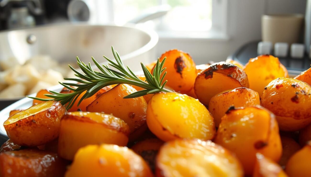 A crisp and golden platter of roasted rosemary potatoes, their skins caramelized to a tantalizing crunch. Diced onions and garlic sizzle in the background, infusing the air with a savory aroma. Sunlight filters through a kitchen window, casting a warm glow over the dish. The potatoes are served fresh from the oven, steaming and ready to be enjoyed as a classic Italian side. A sprig of fragrant rosemary rests atop the golden mounds, a testament to the simple yet flavorful preparation. This timeless dish embodies the rustic charm of traditional Italian home cooking, perfect for complementing a variety of main courses. A crisp and golden platter of roasted rosemary potatoes, their skins caramelized to a tantalizing crunch. Diced onions and garlic sizzle in the background, infusing the air with a savory aroma. Sunlight filters through a kitchen window, casting a warm glow over the dish. The potatoes are served fresh from the oven, steaming and ready to be enjoyed as a classic Italian side. A sprig of fragrant rosemary rests atop the golden mounds, a testament to the simple yet flavorful preparation. This timeless dish embodies the rustic charm of traditional Italian home cooking, perfect for complementing a variety of main courses.