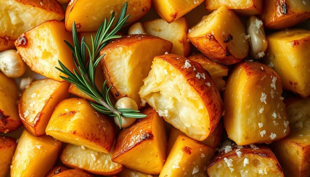 A crisp, golden-brown crust encases the fluffy, pillowy interior of freshly baked Italian roasted potatoes. The spuds glisten under the warm, soft lighting, their irregular shapes and textures testifying to their homemade preparation. Sprigs of rosemary and garlic cloves nestle between the potato wedges, infusing the dish with their aromatic essences. A light dusting of Parmesan cheese and a drizzle of olive oil lend a savory richness to the composition. The potatoes occupy the center of the frame, surrounded by a clean, minimalist background that allows their rustic beauty to shine. This mouthwatering scene captures the perfect balance of crispness and creaminess that defines the quintessential Italian roasted potato dish. A crisp, golden-brown crust encases the fluffy, pillowy interior of freshly baked Italian roasted potatoes. The spuds glisten under the warm, soft lighting, their irregular shapes and textures testifying to their homemade preparation. Sprigs of rosemary and garlic cloves nestle between the potato wedges, infusing the dish with their aromatic essences. A light dusting of Parmesan cheese and a drizzle of olive oil lend a savory richness to the composition. The potatoes occupy the center of the frame, surrounded by a clean, minimalist background that allows their rustic beauty to shine. This mouthwatering scene captures the perfect balance of crispness and creaminess that defines the quintessential Italian roasted potato dish.