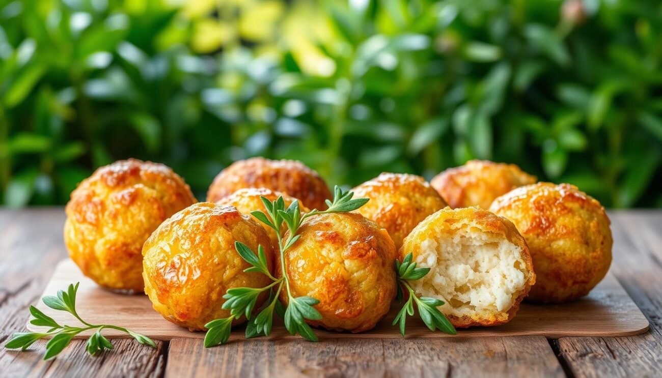 A crisp golden-brown exterior gives way to a soft, creamy interior in this tantalizing image of "polpette melanzane fritte", or fried eggplant balls. Against a backdrop of vibrant greens, the savory croquettes sit atop a rustic wooden table, their surfaces glistening with a light coating of olive oil. Carefully arranged around them are fresh sprigs of fragrant herbs, adding a touch of color and natural elegance. The overall scene evokes the warmth and homespun charm of traditional Sicilian cuisine, perfectly capturing the essence of the "Metodi di Cottura" section in the article.