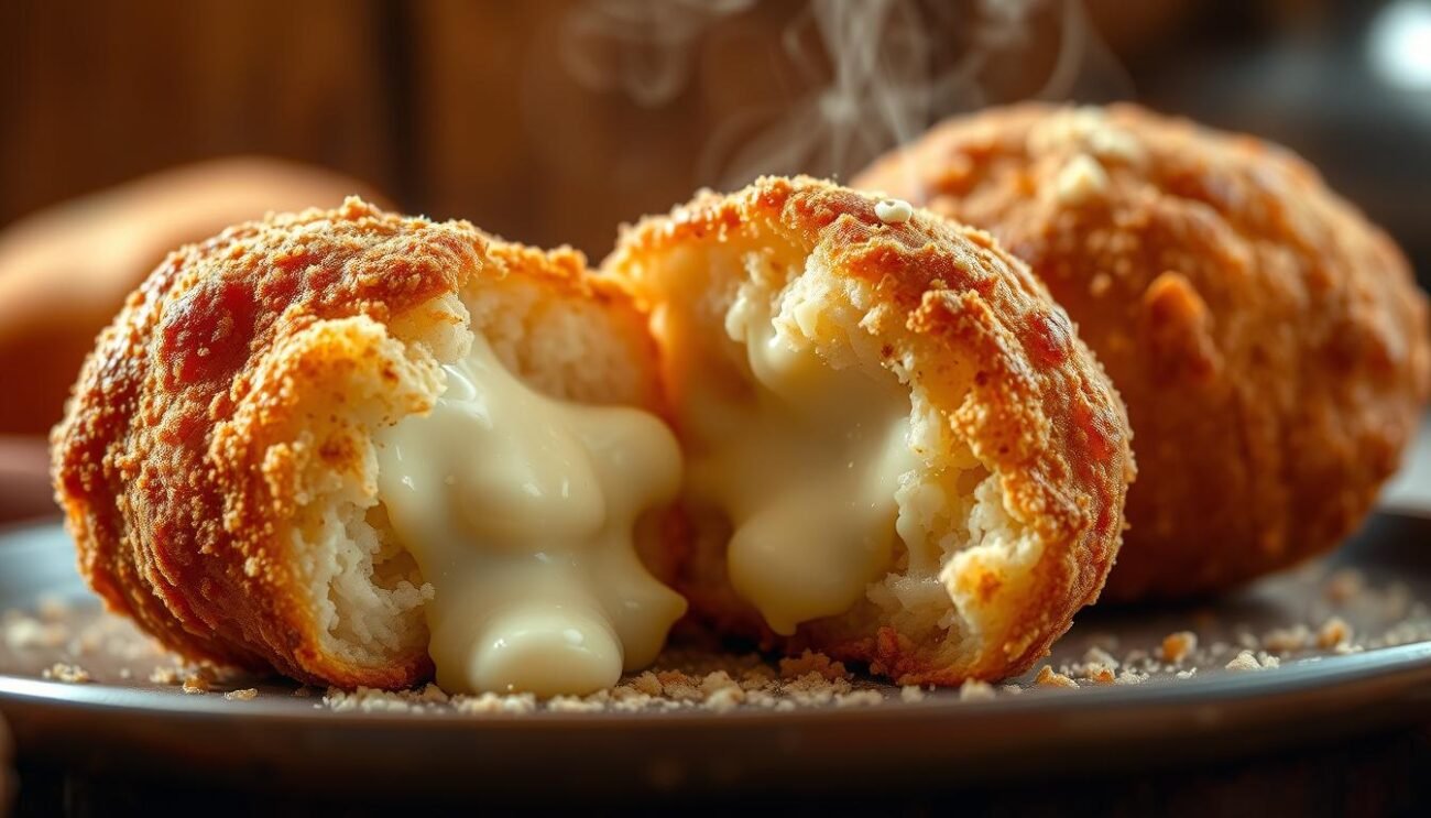 A crisp golden-brown exterior, revealing a molten mozzarella center oozing with rich, creamy goodness - this is the essence of "supplì fritti", the beloved Roman rice croquettes. Set against a warm, rustic backdrop, the camera captures the tantalizing details: the glistening surface, the delicate dusting of breadcrumbs, and the tantalizing steam rising from the freshly fried delicacy. Lit by soft, natural lighting, the image showcases the care and craftsmanship behind this classic Italian street food, inviting the viewer to savor the perfect balance of textures and flavors.