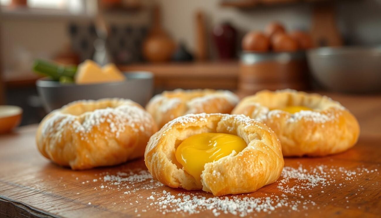 A crisp, golden-brown fritter with a molten cheese center rests on a wooden surface, glistening under warm, natural lighting. The round, fluffy discs of buckwheat batter are lightly dusted with powdered sugar, creating a visually enticing contrast. In the background, a rustic Italian kitchen comes into focus, hinting at the traditional preparation methods used to create these beloved Valtellinesi specialties. The image captures the essence of the "Preparazione degli Sciatt Valtellinesi" section, inviting the viewer to envision the satisfying crunch and oozing cheese of these iconic Italian delicacies.