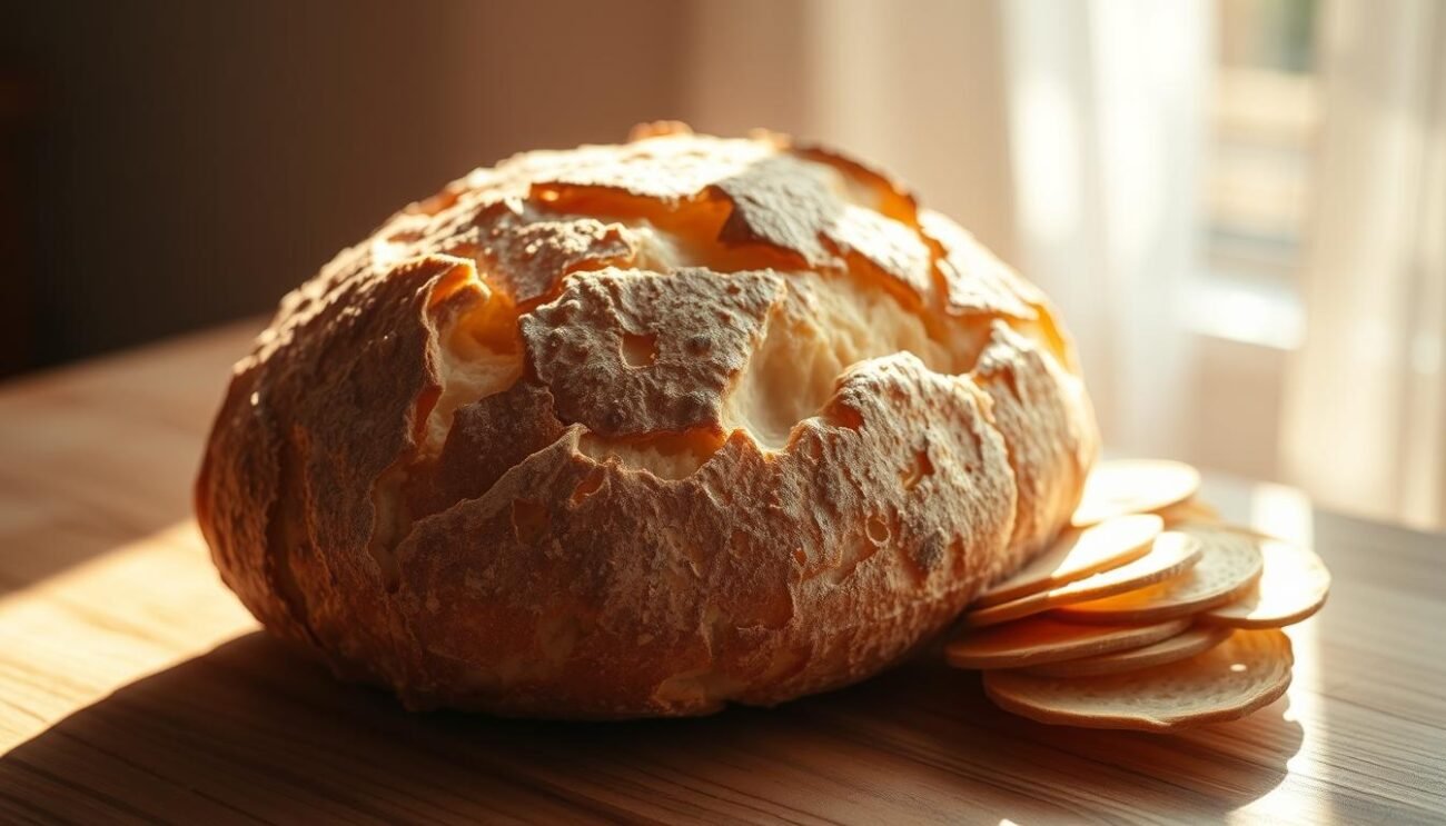 A crusty, golden-brown loaf of traditional Sardinian pane carasau sits atop a wooden table, casting warm shadows across the surface. The bread's distinctive paper-thin slices, dried to a delicate crunch, are arranged artfully, their textures and shapes highlighting the rustic simplicity of this regional delicacy. Soft natural lighting from a nearby window illuminates the loaf, casting a cozy glow and emphasizing the bread's handcrafted, homespun character. The background fades into a soft, muted palette, allowing the pane carasau to take center stage as the focal point of the composition.