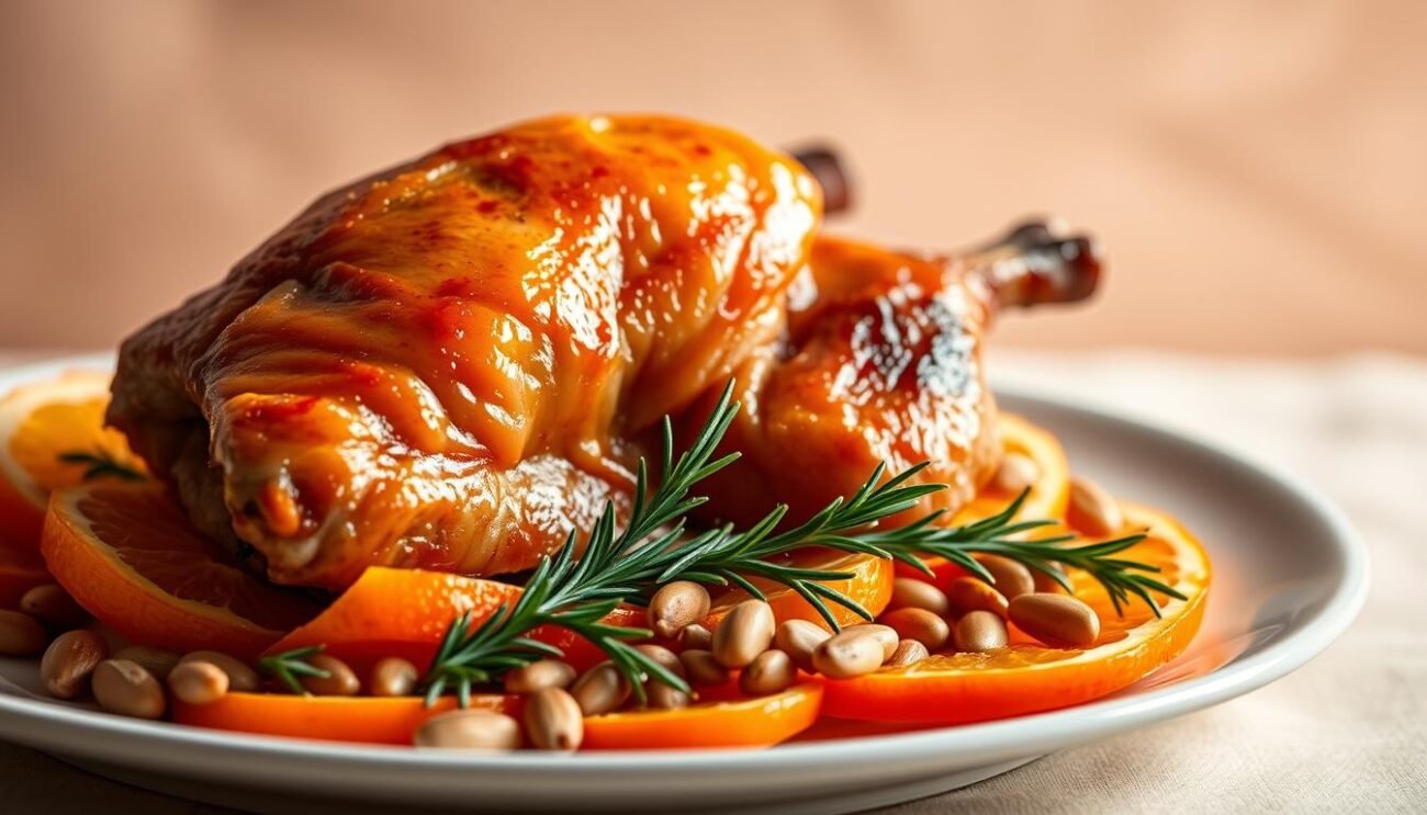 A delectable Anatra all'Arancia, the classic Venetian dish, presented in a harmonious composition. In the foreground, a succulent duck breast, golden-hued and glistening, rests atop a bed of vibrant orange slices. The duck's crisp skin contrasts with the juicy, tender meat, inviting the viewer to savor each bite. In the middle ground, a scattering of fresh rosemary sprigs and toasted pine nuts add depth and texture, complementing the citrus notes. The background features a soft, muted backdrop, allowing the dish to take center stage. Gentle, warm lighting casts a subtle glow, evoking the cozy, elegant atmosphere of a Venetian dining experience. This image captures the essence of the "Varianti e Personalizzazioni della Ricetta," showcasing the dish's refined and adaptable nature.