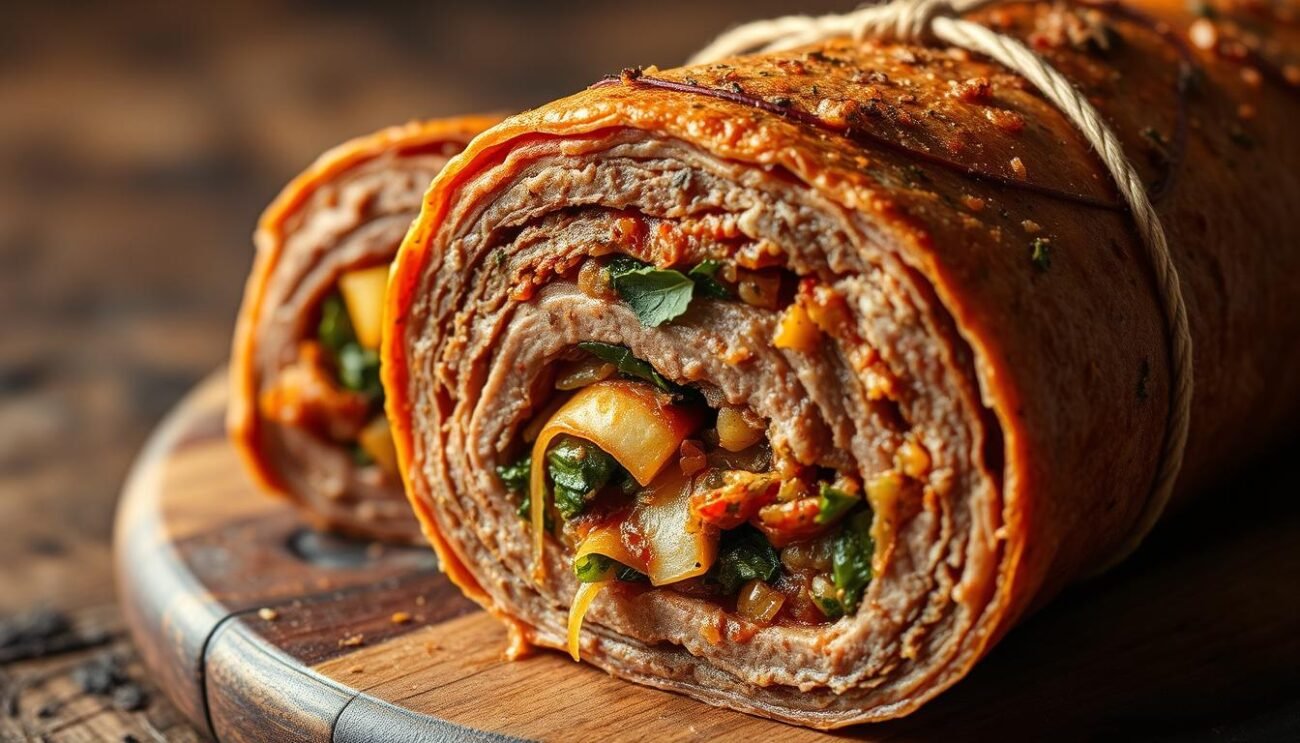 A delectable Falsomagro Siciliano, a savory meat roll brimming with a rich, fragrant filling. The succulent beef, seasoned to perfection, is skillfully layered with sautéed vegetables, herbs, and aromatic spices. Carefully rolled and tied, the Falsomagro Siciliano showcases the artistry of Sicilian culinary traditions. Captured in a warm, rustic light, the cross-section reveals the intricate layers, inviting the viewer to savor the flavors and textures of this iconic dish. Placed on a wooden surface, the Falsomagro Siciliano evokes the homemade charm of a Sicilian kitchen, ready to be enjoyed as part of a celebratory feast. A delectable Falsomagro Siciliano, a savory meat roll brimming with a rich, fragrant filling. The succulent beef, seasoned to perfection, is skillfully layered with sautéed vegetables, herbs, and aromatic spices. Carefully rolled and tied, the Falsomagro Siciliano showcases the artistry of Sicilian culinary traditions. Captured in a warm, rustic light, the cross-section reveals the intricate layers, inviting the viewer to savor the flavors and textures of this iconic dish. Placed on a wooden surface, the Falsomagro Siciliano evokes the homemade charm of a Sicilian kitchen, ready to be enjoyed as part of a celebratory feast.