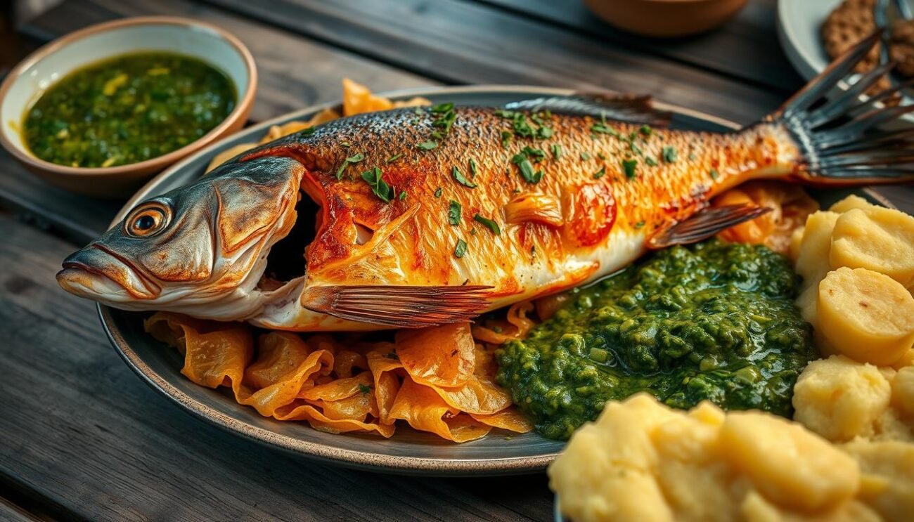 A delectable Italian dish - tinca al forno, a whole baked tench fish, rests on a bed of crisp golden-brown skin, its moist flesh glistening under the warm glow of the oven light. Beside it, a vibrant green salsa verde, a symphony of fresh herbs, garlic, and olive oil, beckons to be spooned over the tender fish. The image is framed by the rustic textures of a wooden table, with a side of creamy polenta waiting to soak up the flavorful juices. The overall scene evokes the comforting simplicity and rich traditions of Northern Italian cuisine.