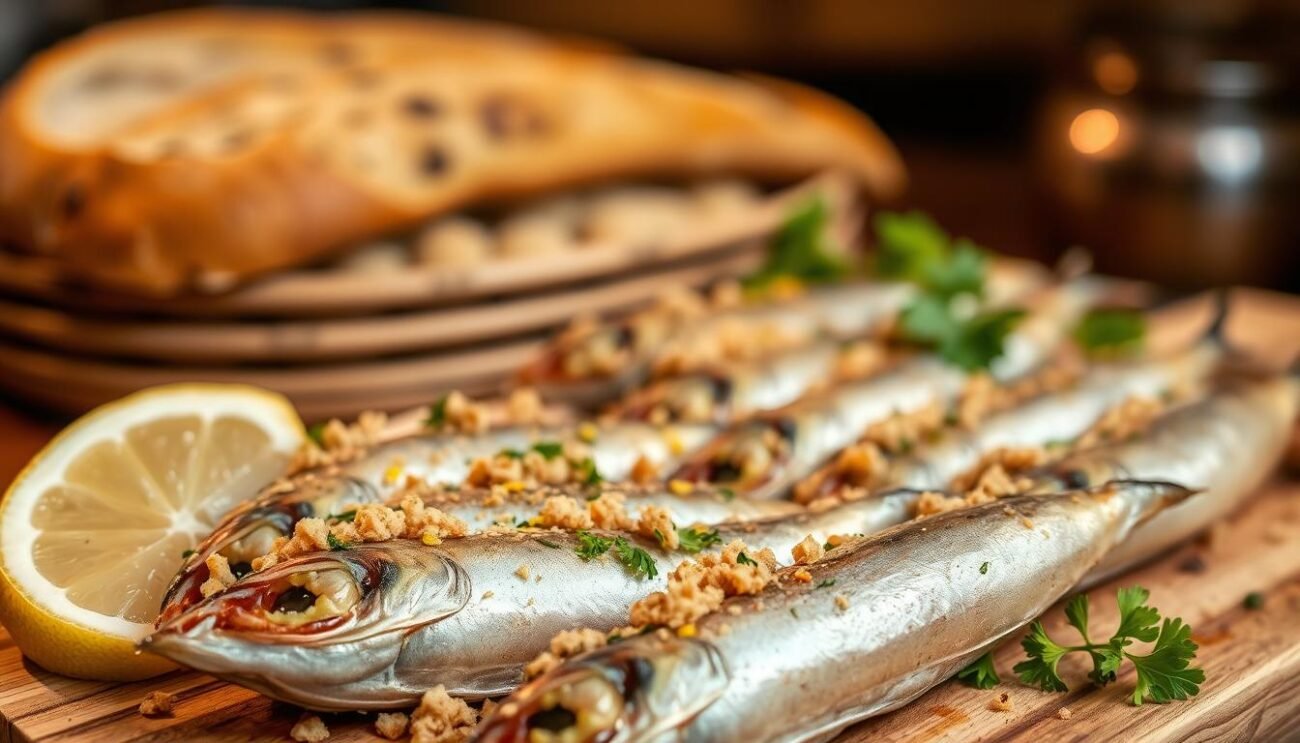 A delectable Mediterranean delicacy, "acciughe ripiene" - plump, umami-rich anchovy fillets carefully stuffed with a fragrant medley of breadcrumbs, garlic, parsley, and lemon zest. The anchovy's silvery skin glistens under the warm, golden glow of overhead lighting, highlighting the dish's inviting texture and vibrant colors. In the foreground, the filled anchovies are artfully arranged on a rustic wooden board, accompanied by fresh lemon wedges and a sprinkling of vibrant green parsley. The middle ground reveals a backdrop of crusty, golden-brown bread, perfectly complementing the seafood's briny essence. The overall scene evokes the rustic charm and comforting flavors of traditional Ligurian cuisine, setting the stage for a delightful culinary experience.